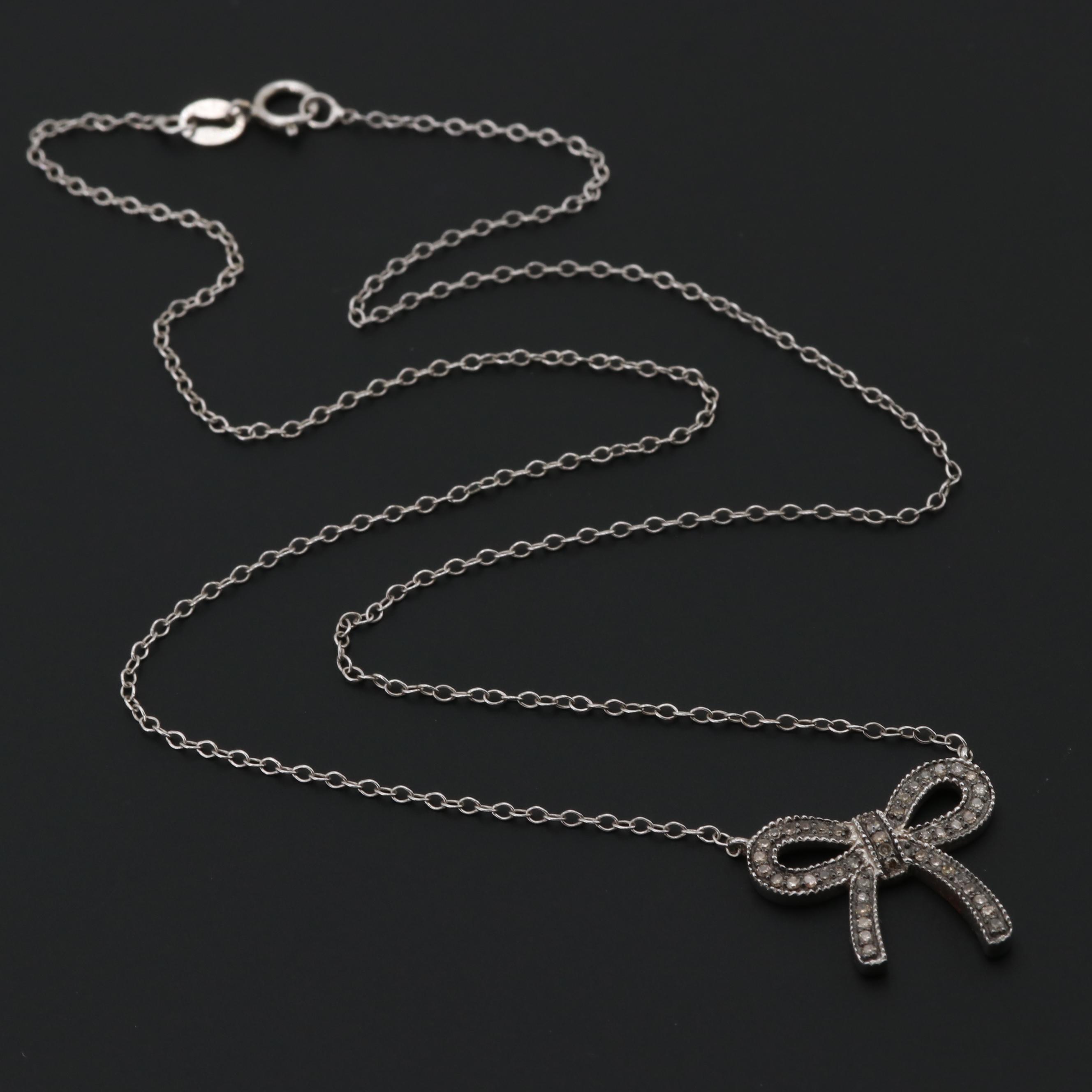 Sterling Silver Diamond Bow Split Chain Necklace
