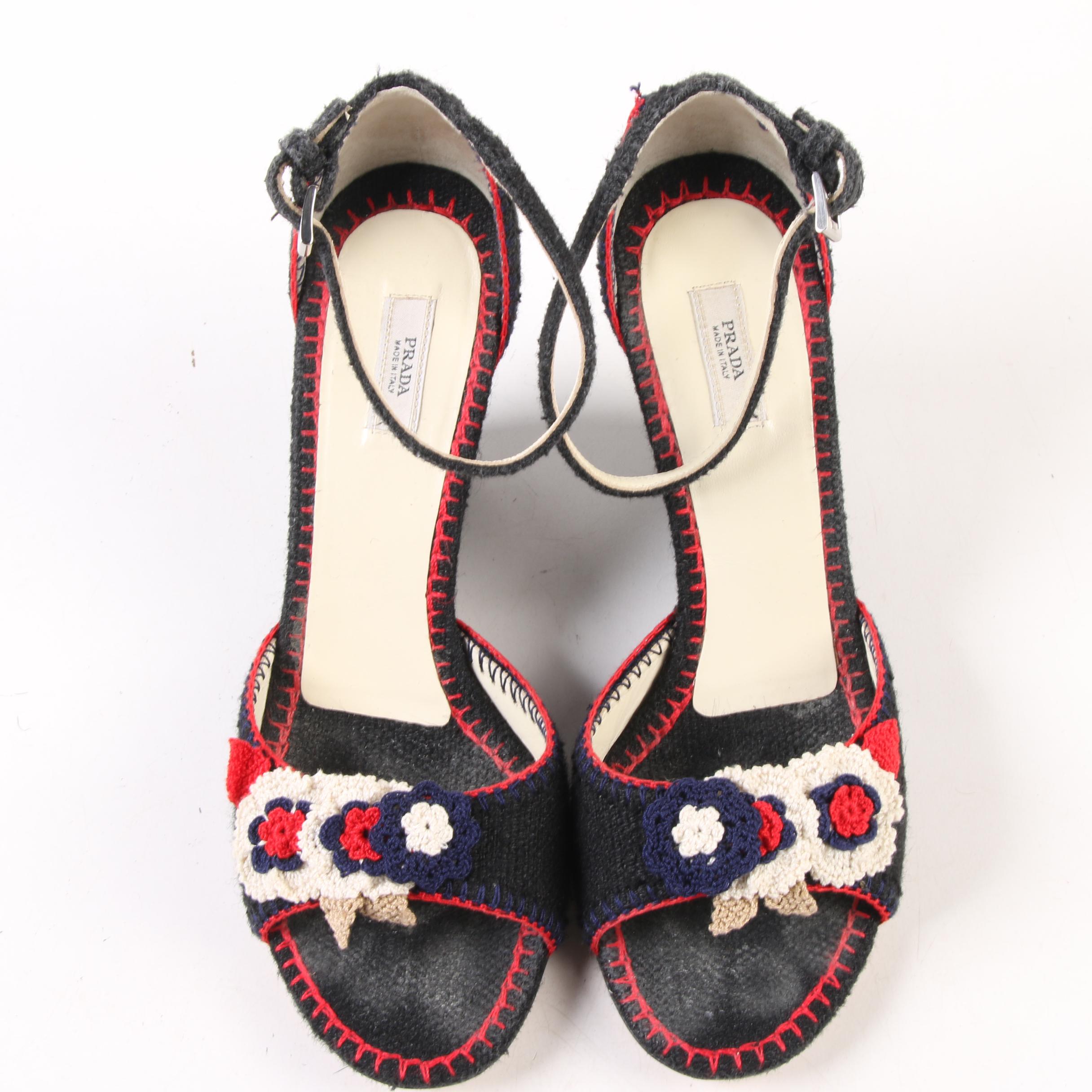 Prada Natte Tricot Wedge Sandals with Crochet Floral Appliqués