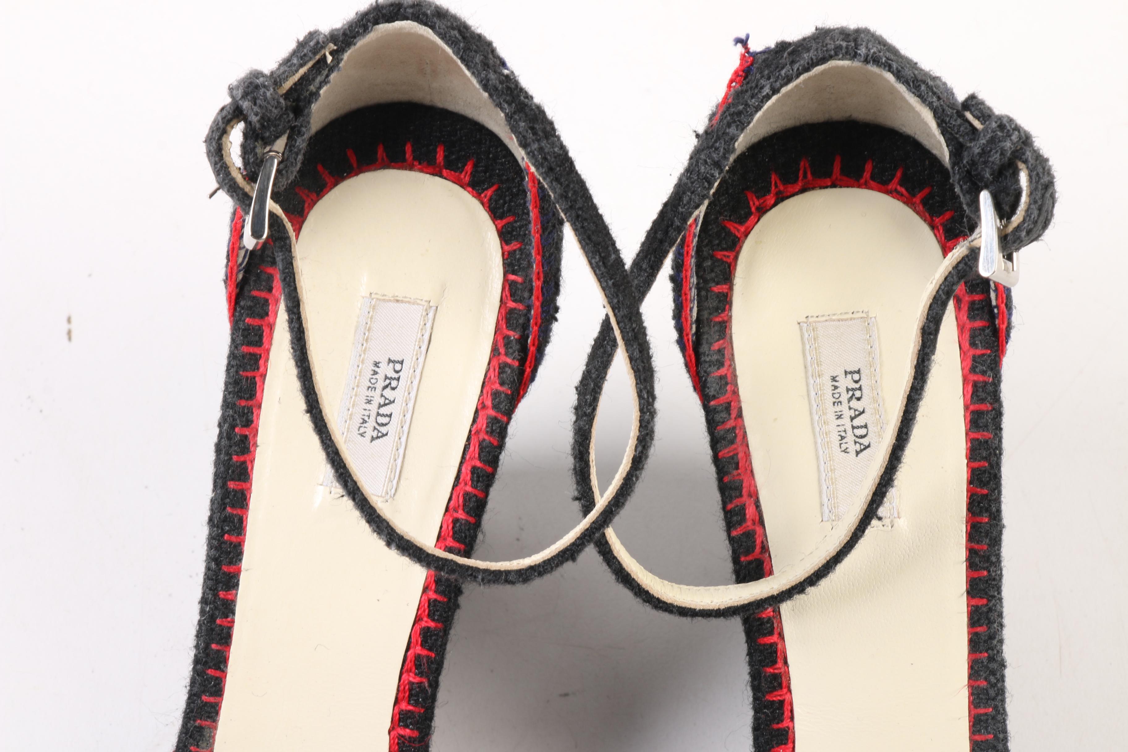 Prada Natte Tricot Wedge Sandals with Crochet Floral Appliqués