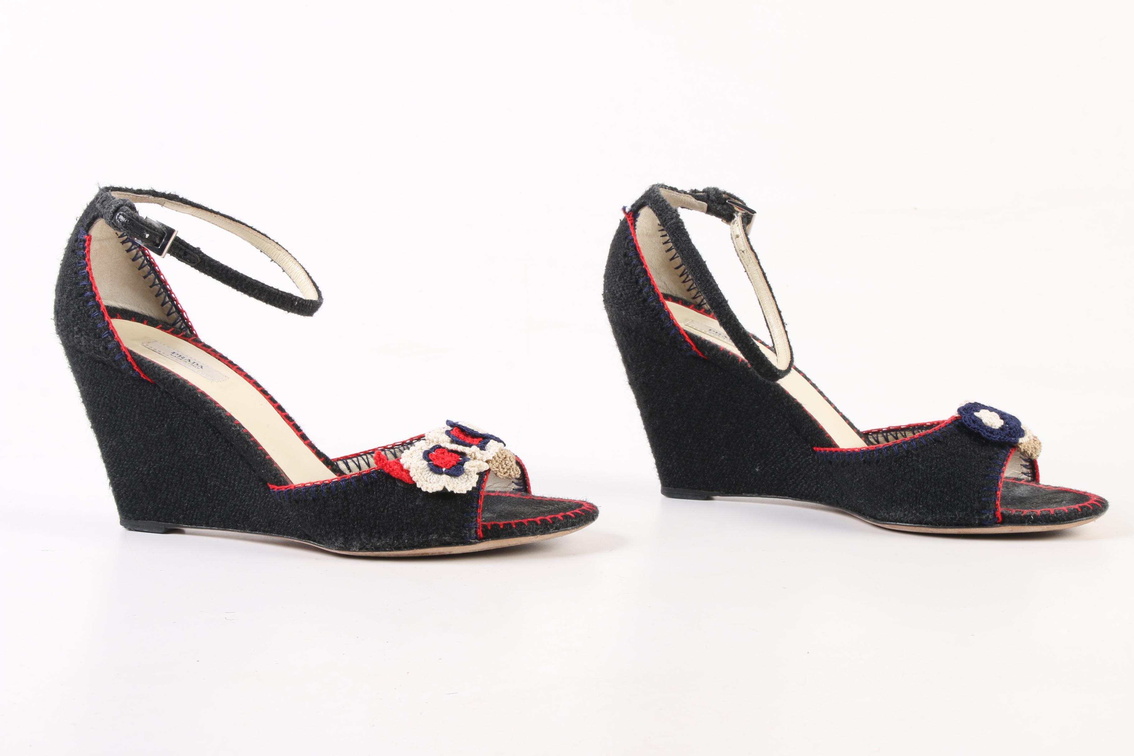 Prada Natte Tricot Wedge Sandals with Crochet Floral Appliqués