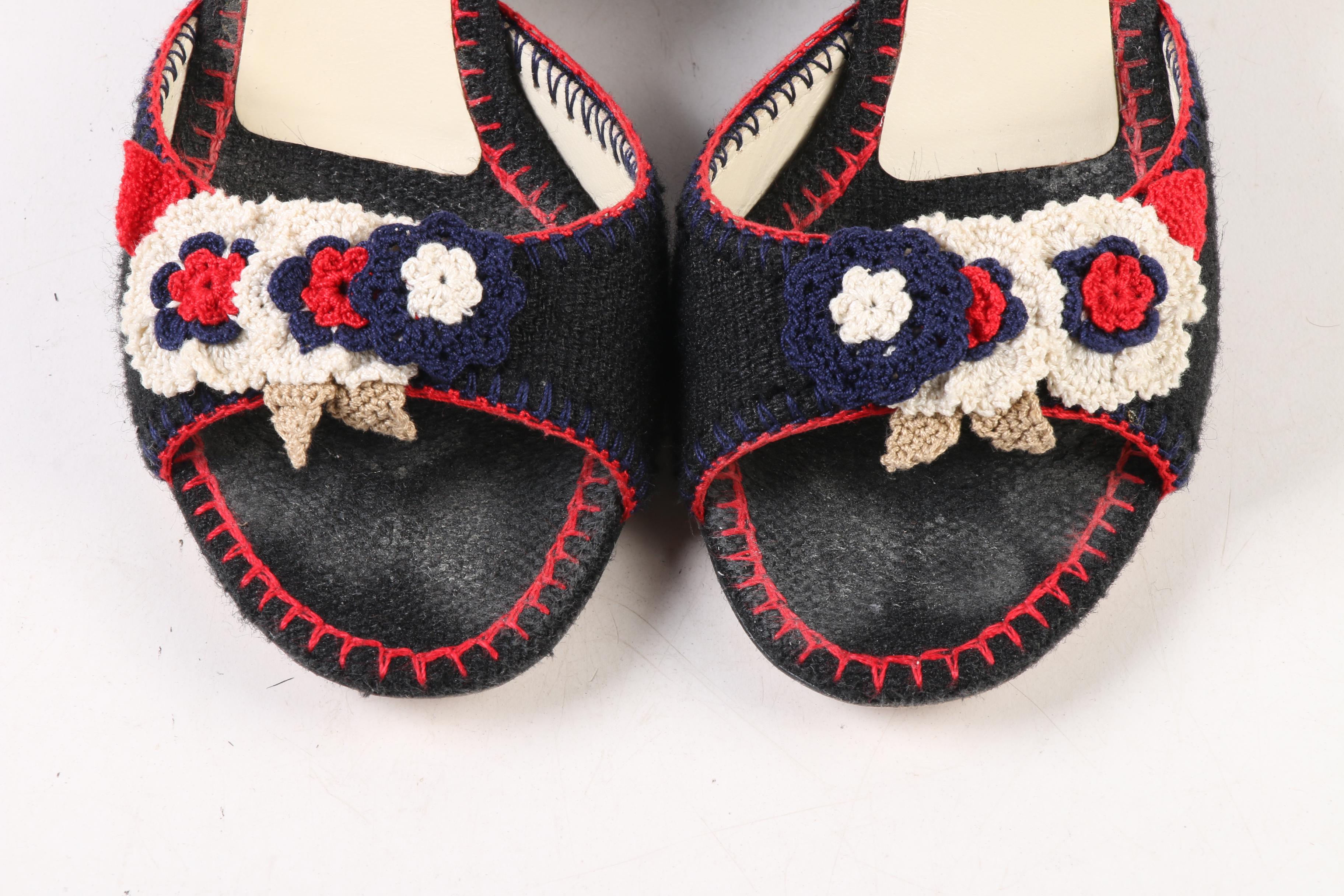 Prada Natte Tricot Wedge Sandals with Crochet Floral Appliqués