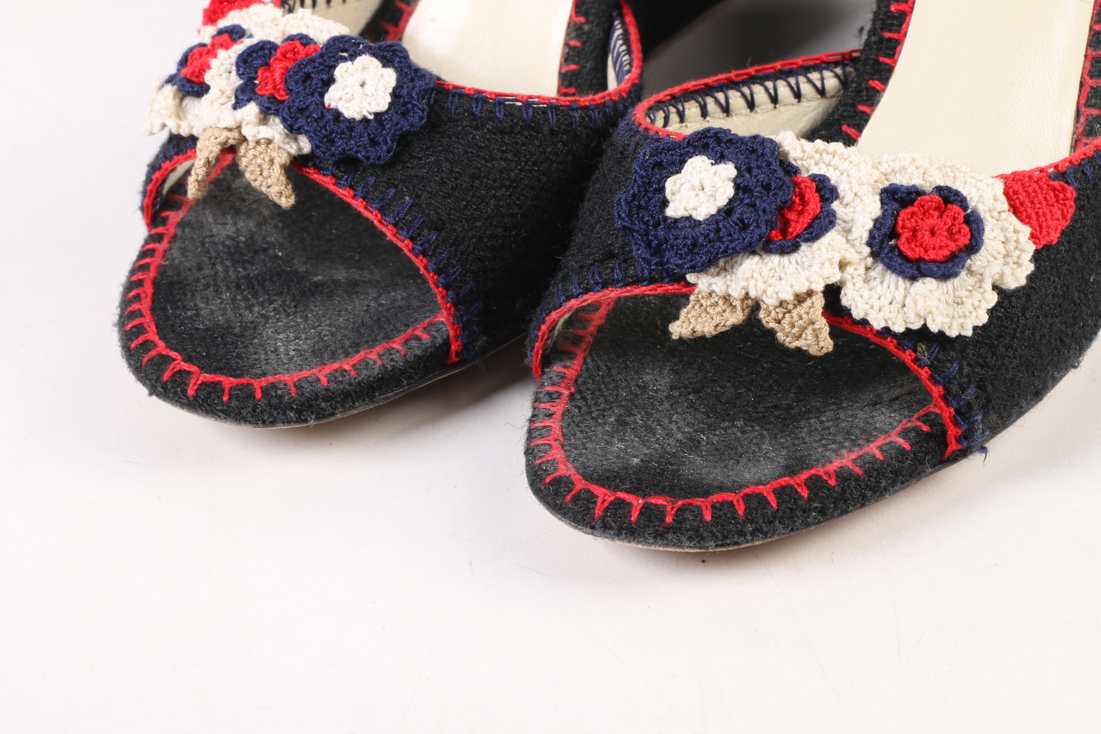 Prada Natte Tricot Wedge Sandals with Crochet Floral Appliqués