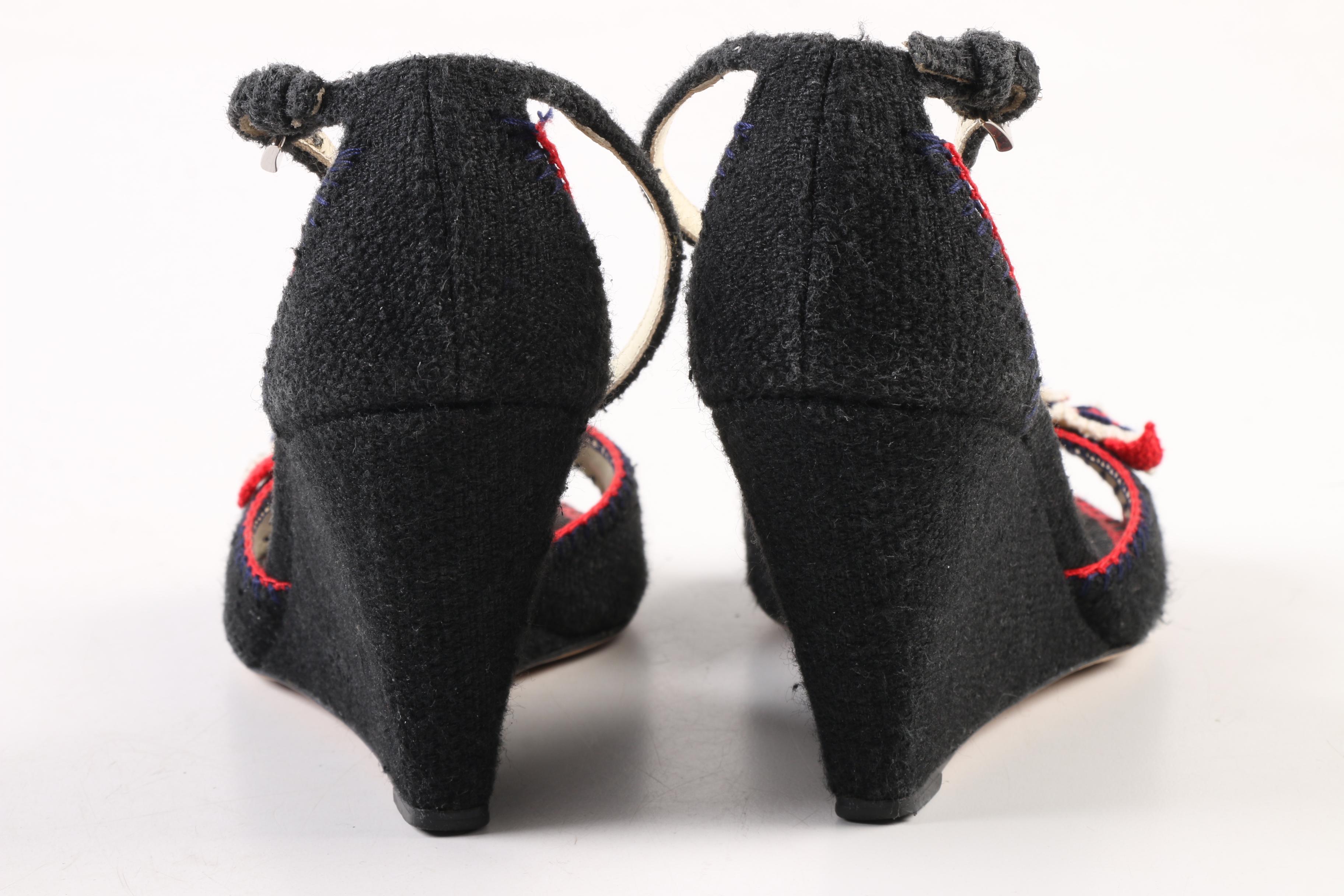 Prada Natte Tricot Wedge Sandals with Crochet Floral Appliqués