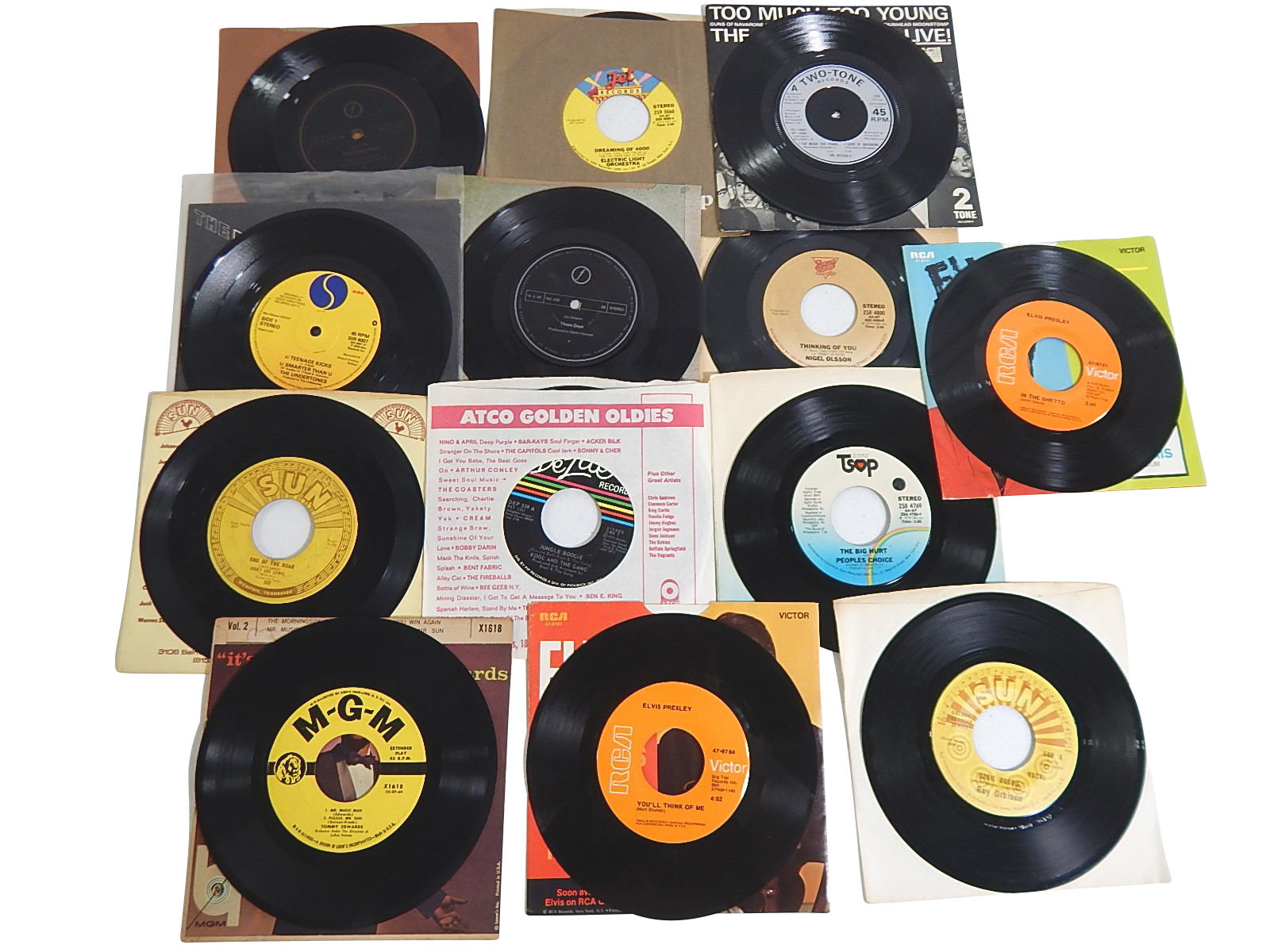45 RPM Records with Jerry Lee Lewis on Sun Records, Elvis Presley, Roy Orbison