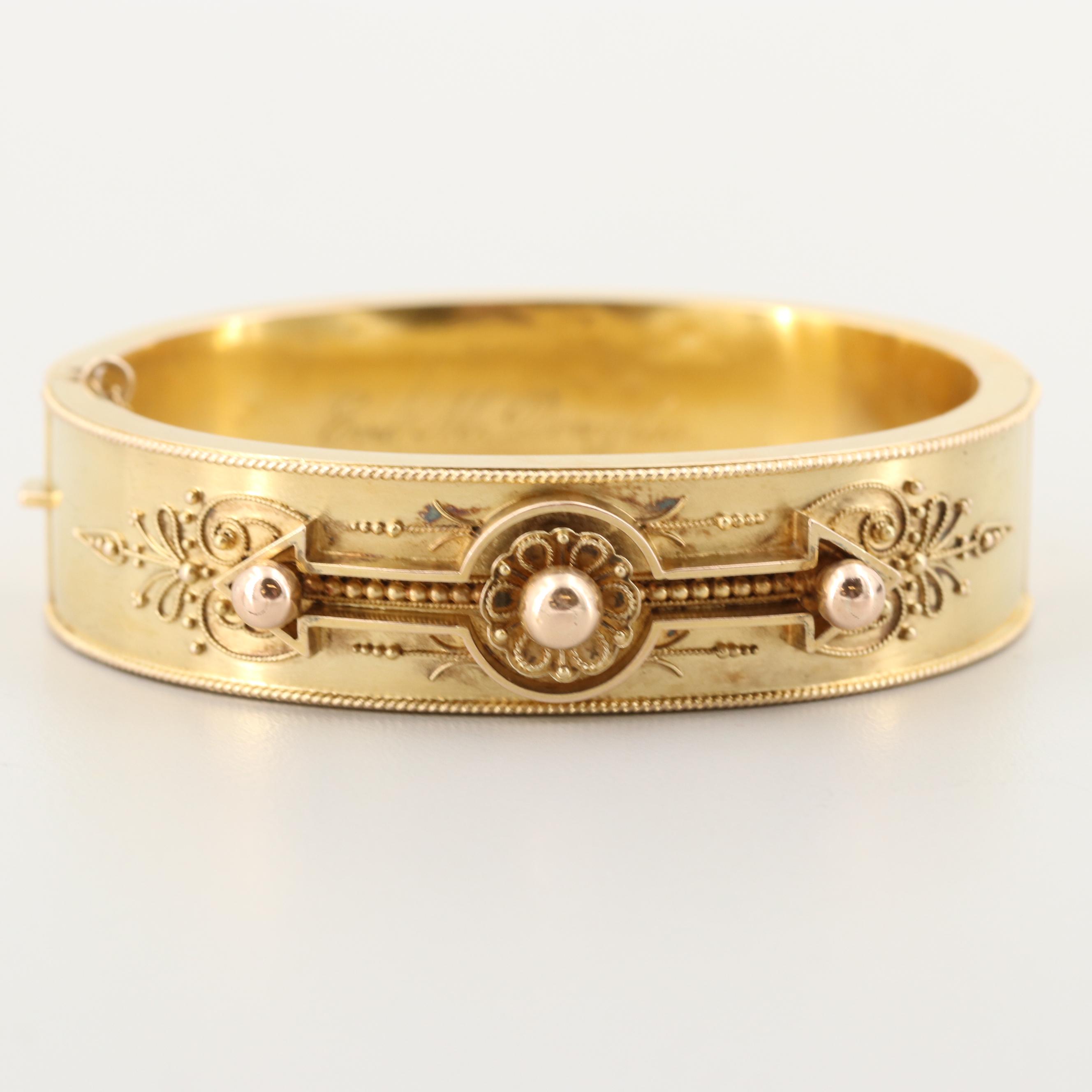 Mid Victorian 14K Yellow Gold Bangle Bracelet with Granulation and Wirework