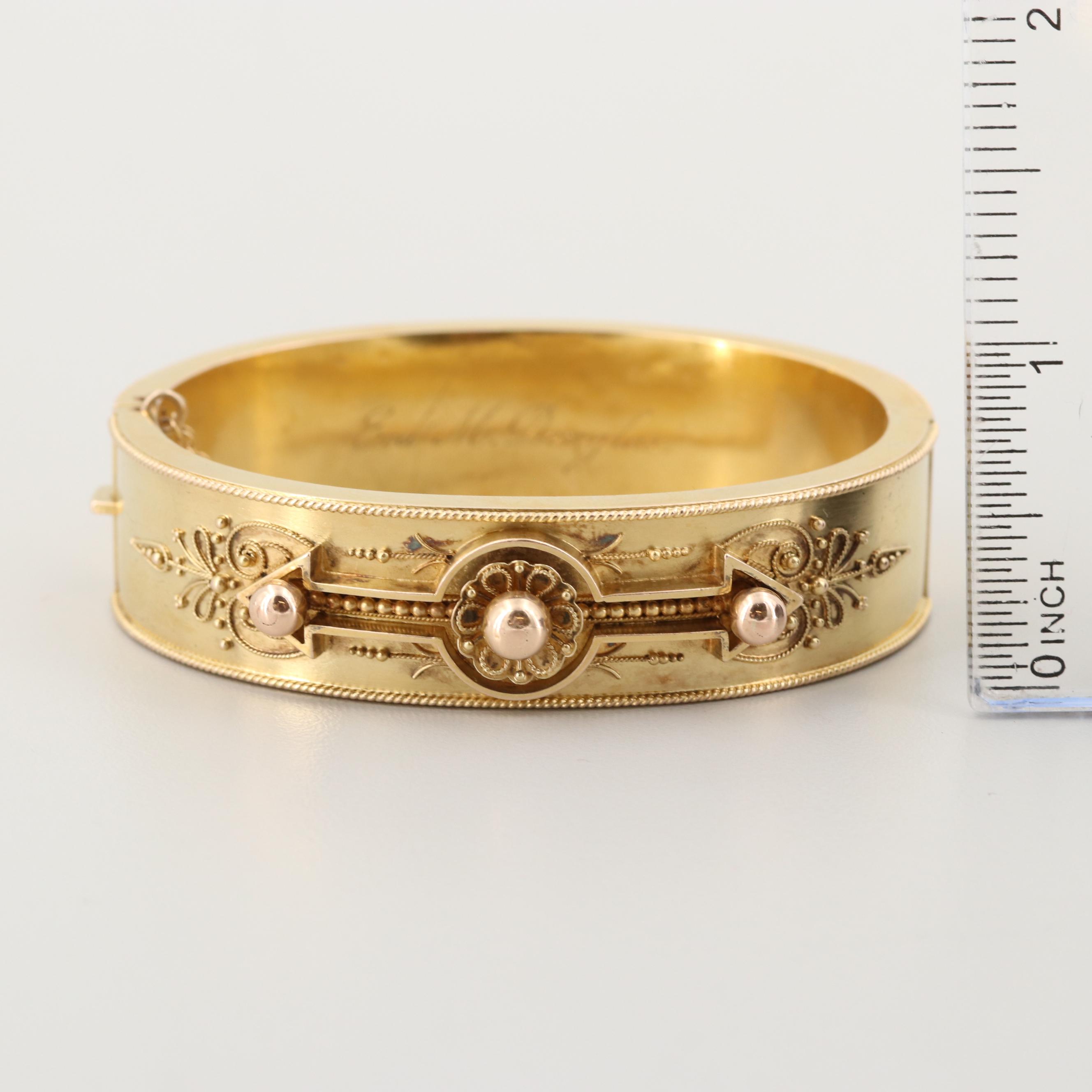 Mid Victorian 14K Yellow Gold Bangle Bracelet with Granulation and Wirework