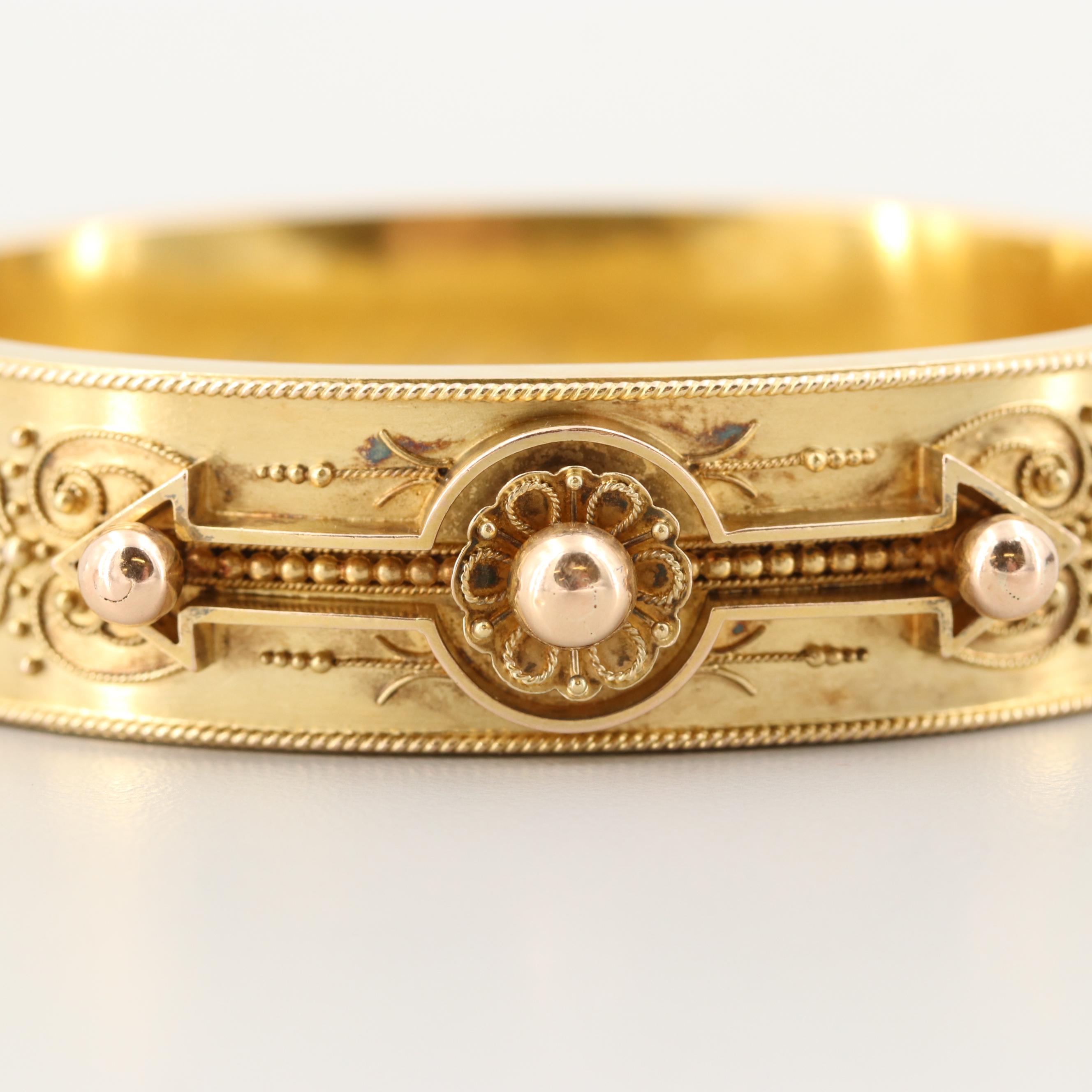 Mid Victorian 14K Yellow Gold Bangle Bracelet with Granulation and Wirework