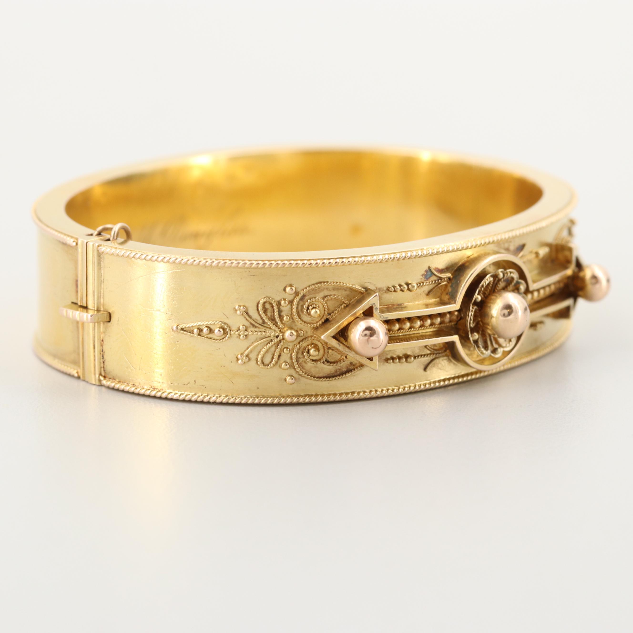 Mid Victorian 14K Yellow Gold Bangle Bracelet with Granulation and Wirework