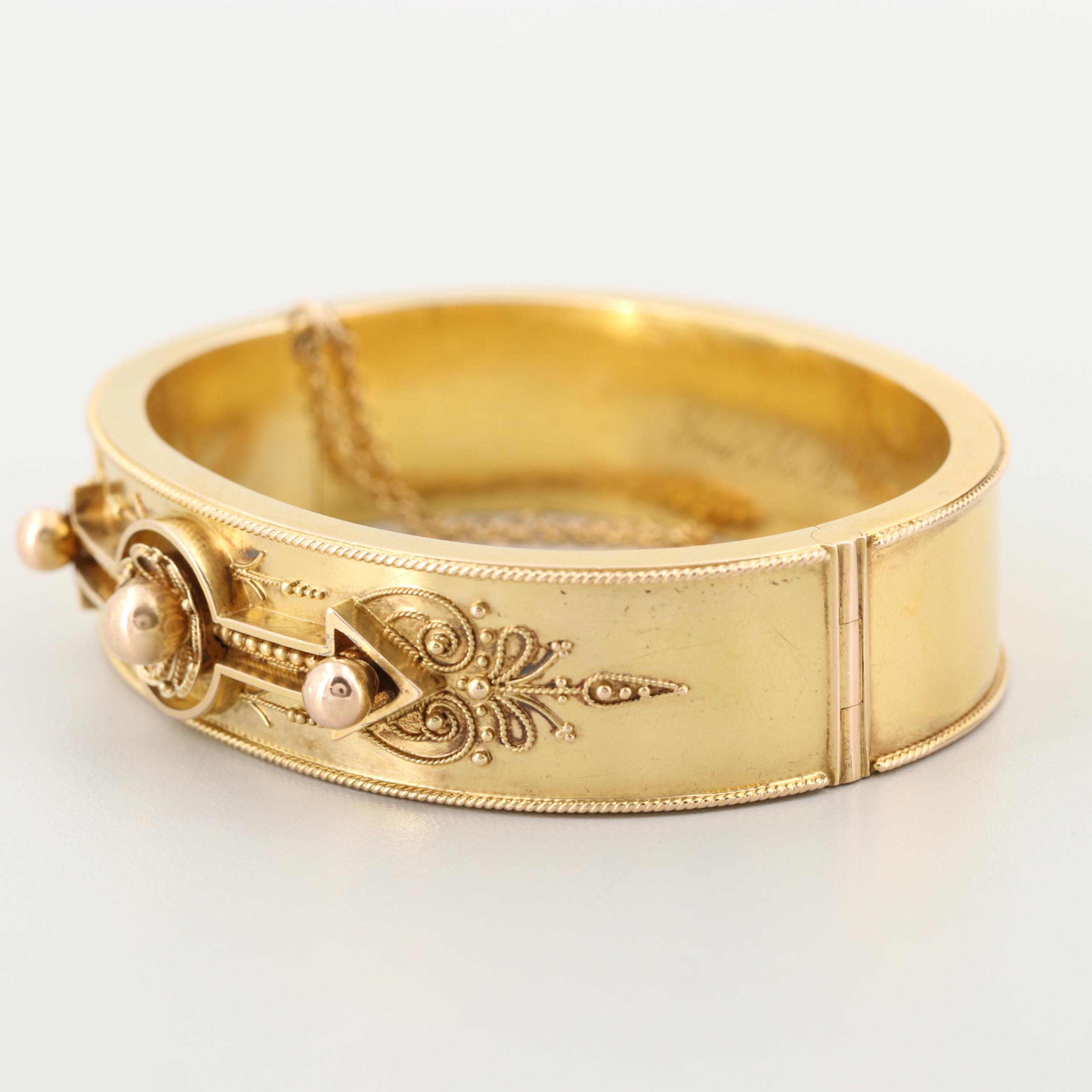 Mid Victorian 14K Yellow Gold Bangle Bracelet with Granulation and Wirework