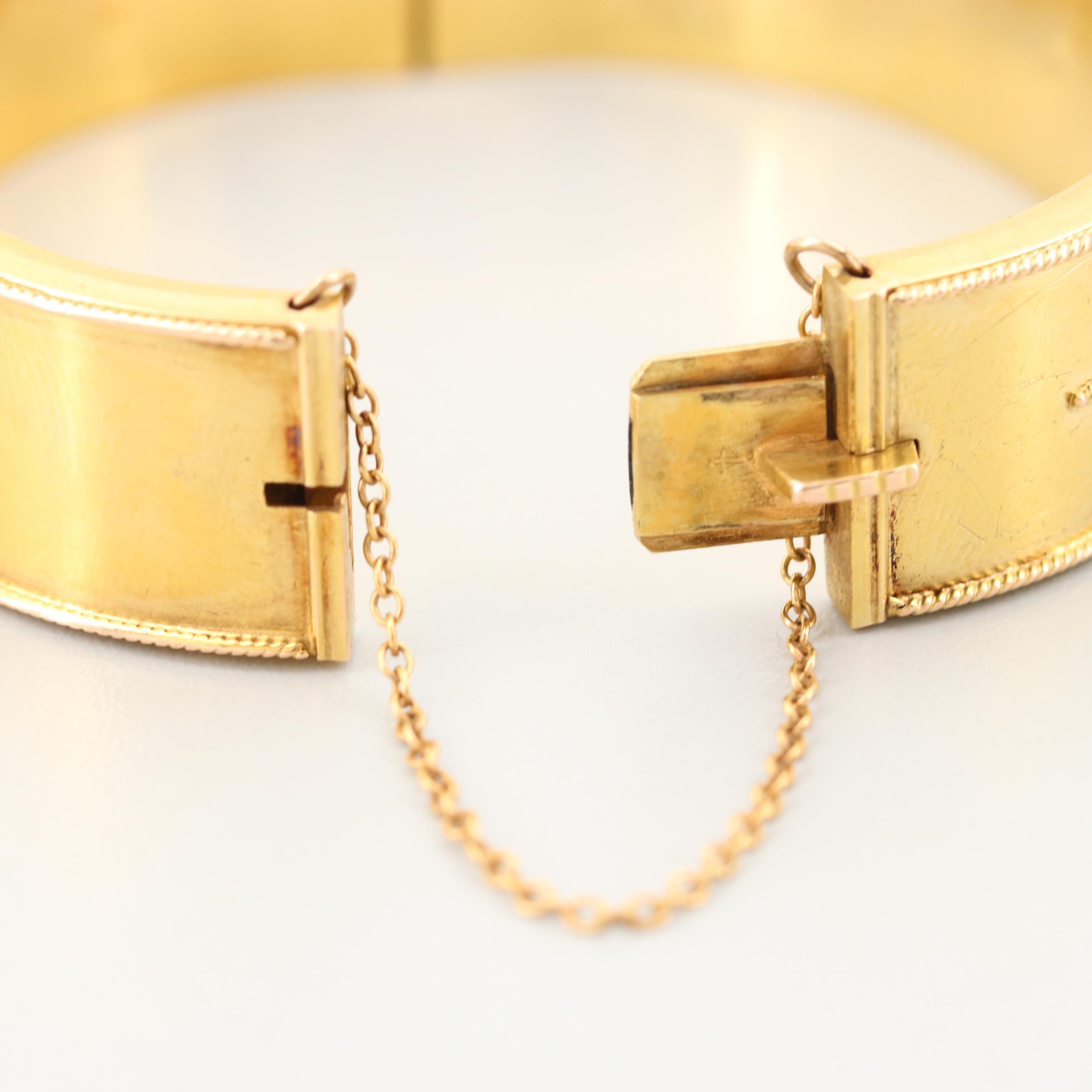 Mid Victorian 14K Yellow Gold Bangle Bracelet with Granulation and Wirework