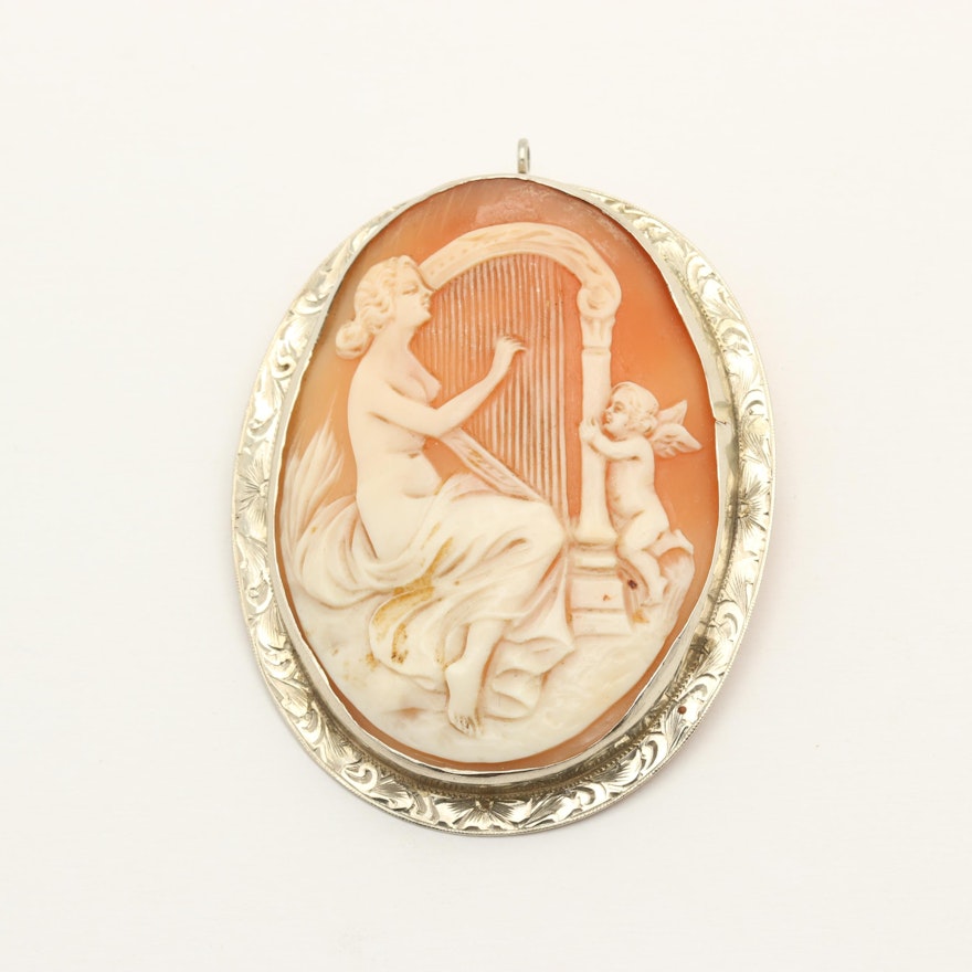 Vintage 14K White Gold Carved Shell Cameo Brooch