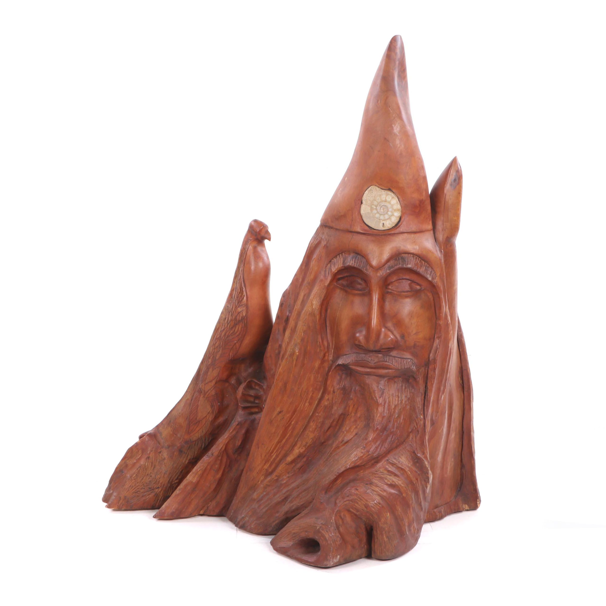 Cherry Tree Stump Figural Gnome Sculpture with Ammonite Fossil