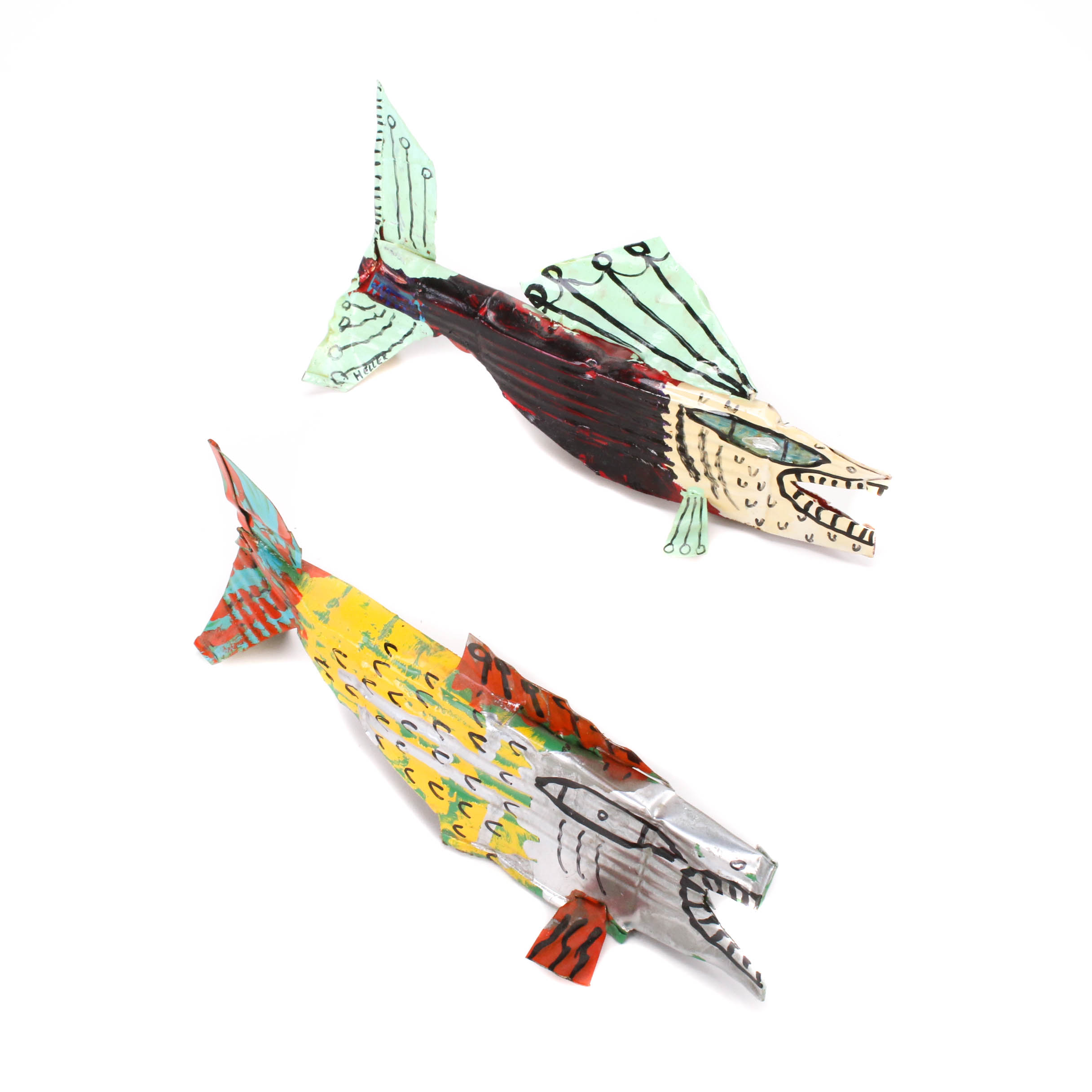 Pug Heller Folk Art Tin Can Fish, Pair, 1993