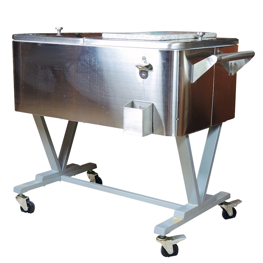 Stainless Upright Cooler Attributed to Frontgate with Granite Cutting Board