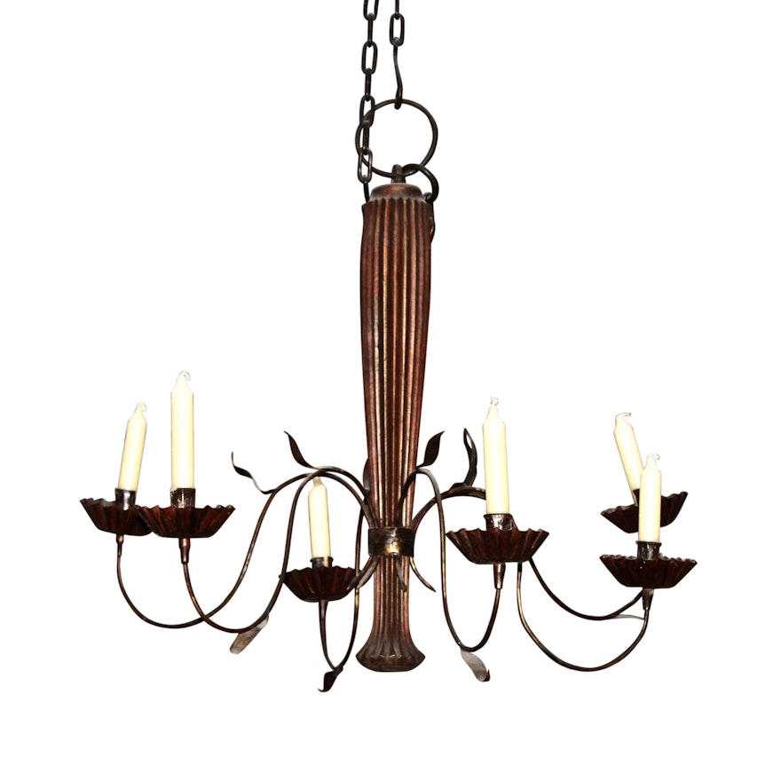 Patinated Iron and Tin Six Candle Chandelier, Antique