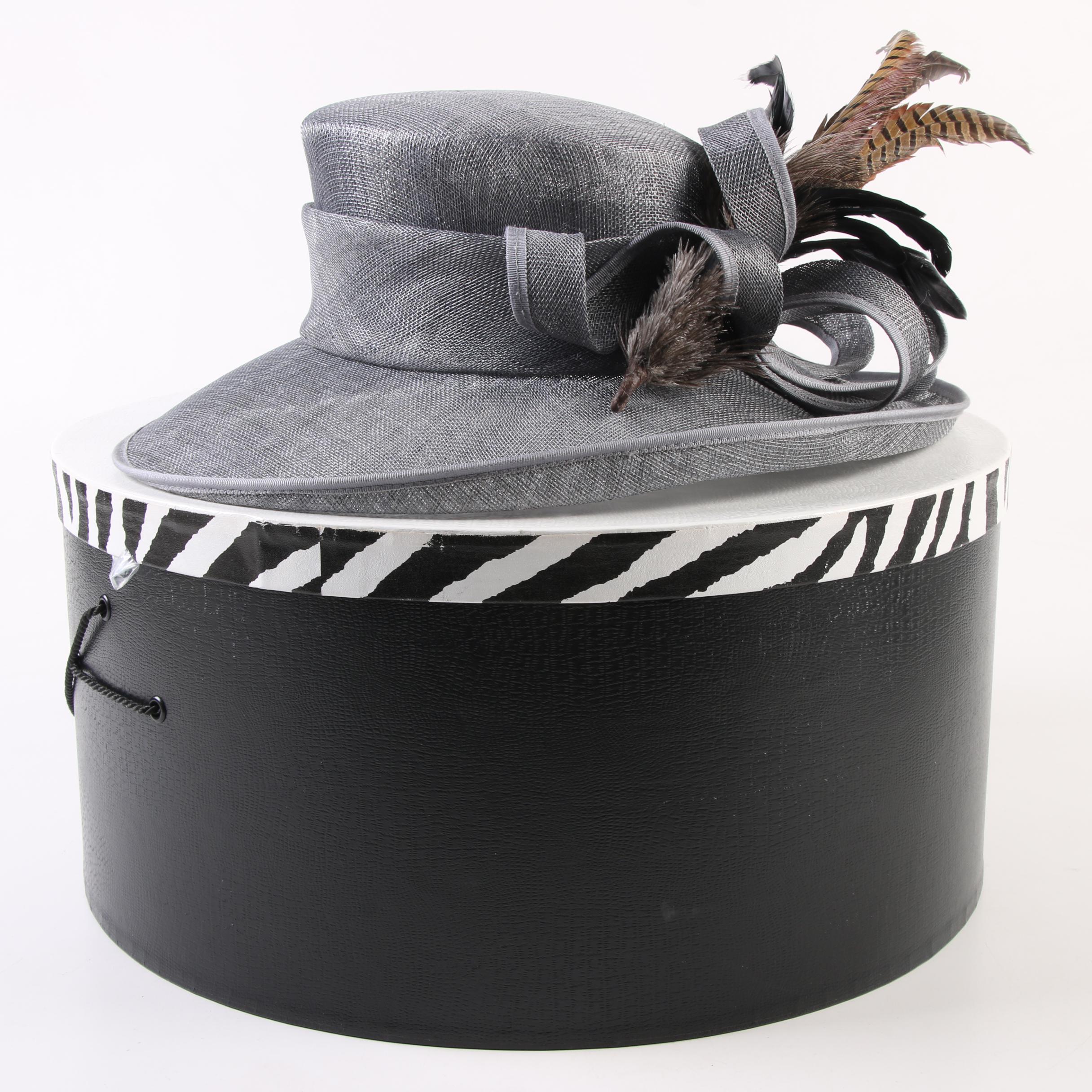 Anne Sawyer Fabulous Hats Gray Wide Brim Hat with Mixed Feather Plume with Box