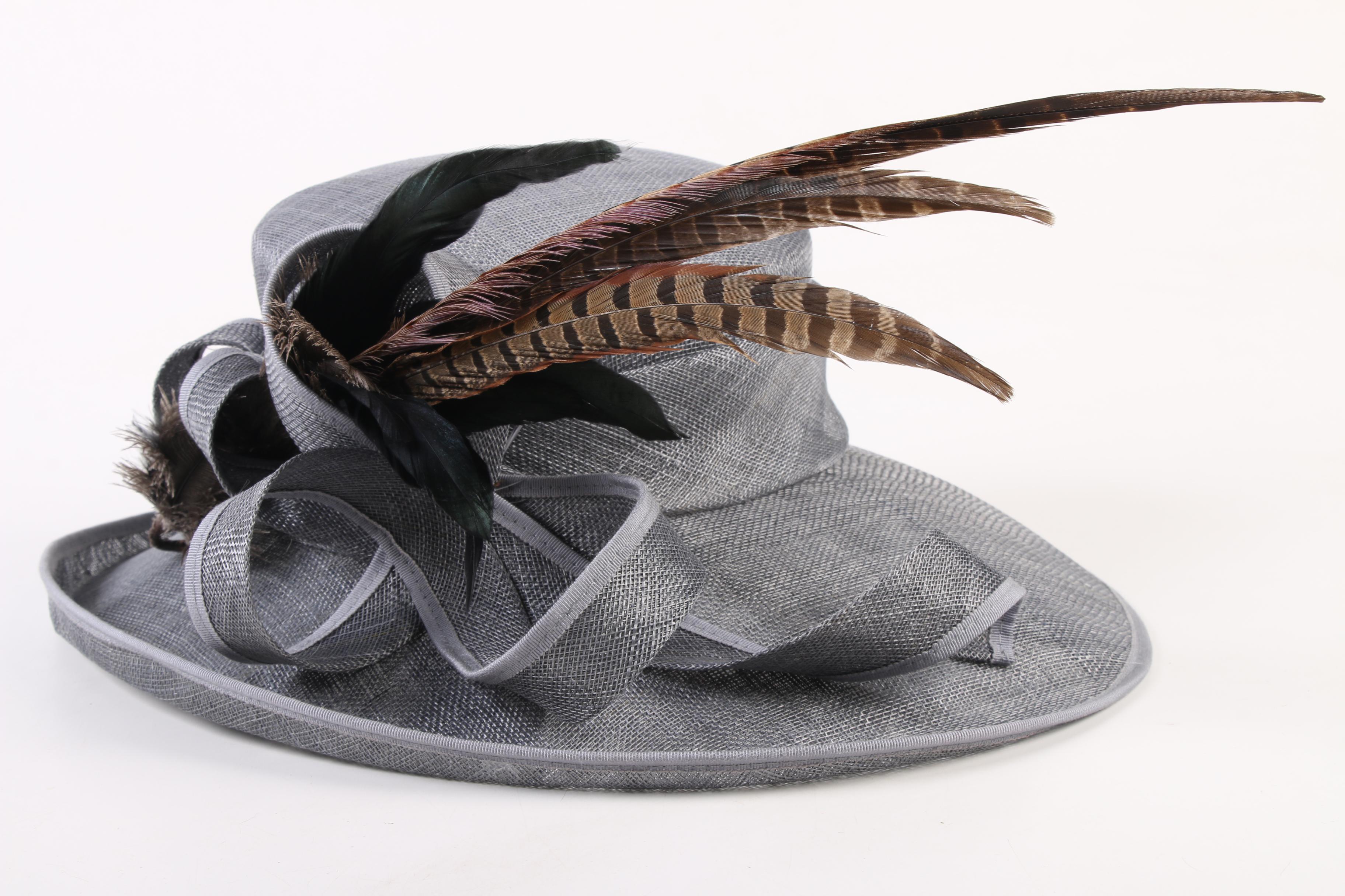 Anne Sawyer Fabulous Hats Gray Wide Brim Hat with Mixed Feather Plume with Box