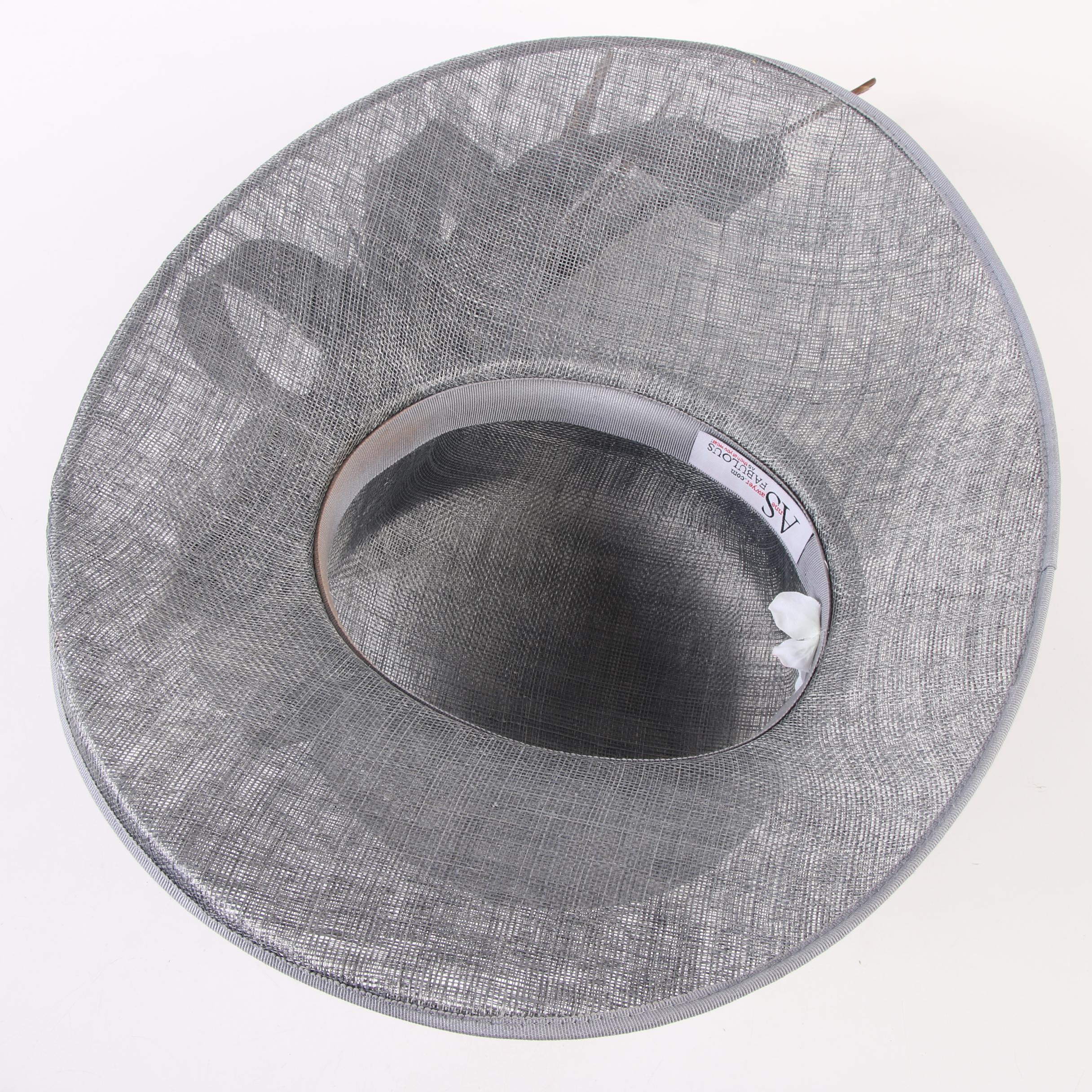 Anne Sawyer Fabulous Hats Gray Wide Brim Hat with Mixed Feather Plume with Box