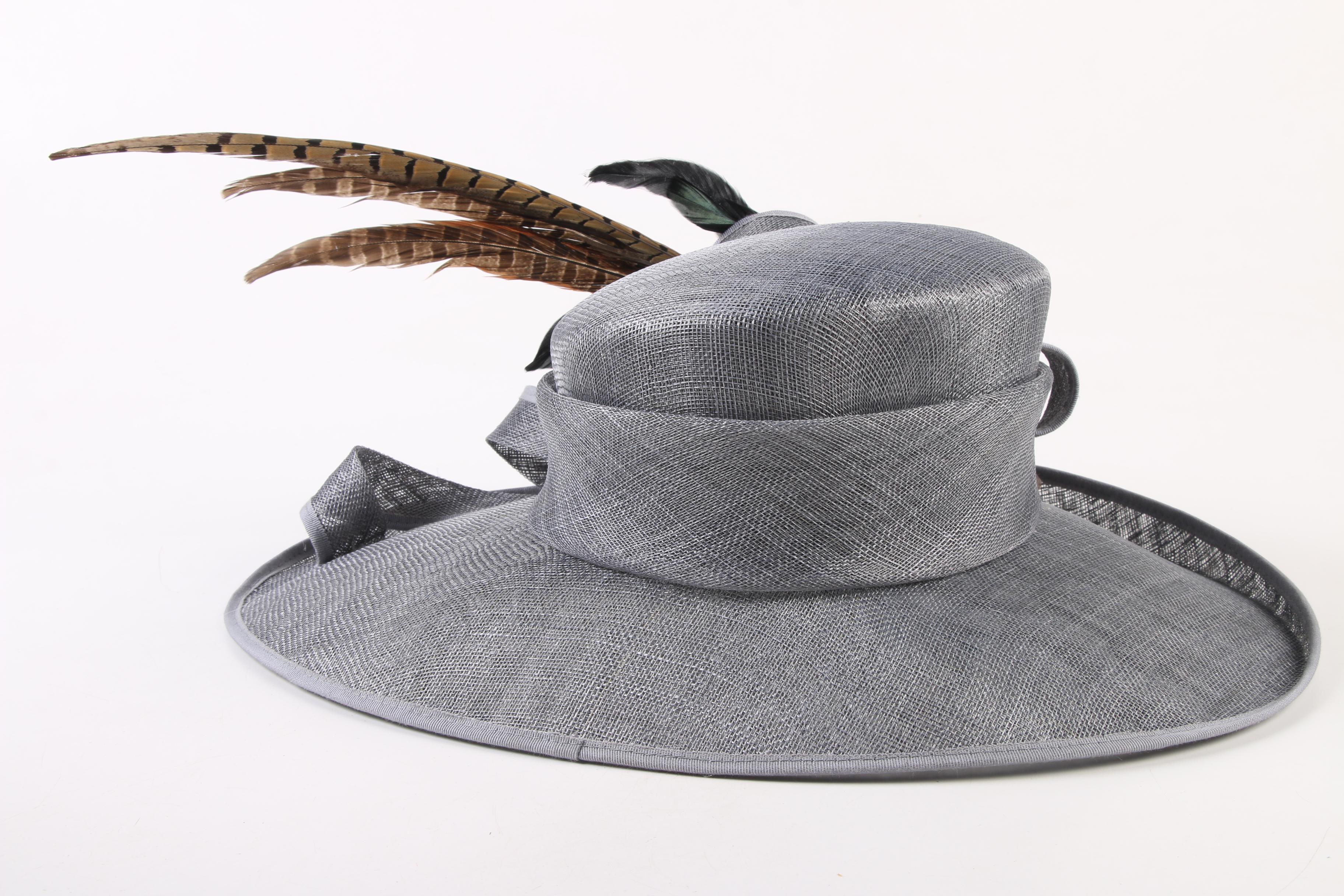 Anne Sawyer Fabulous Hats Gray Wide Brim Hat with Mixed Feather Plume with Box
