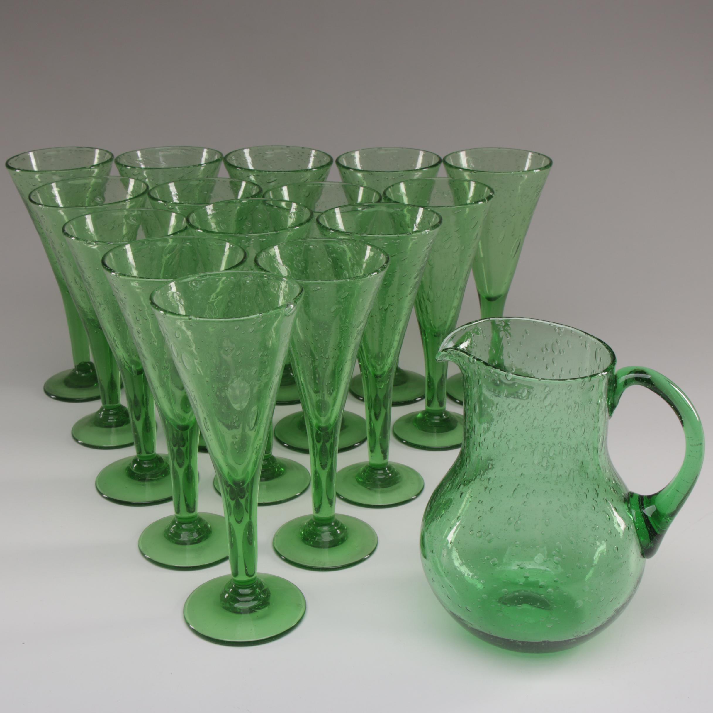 La Verrerie de Biot Green Art Glass Pitcher and Wine Glasses