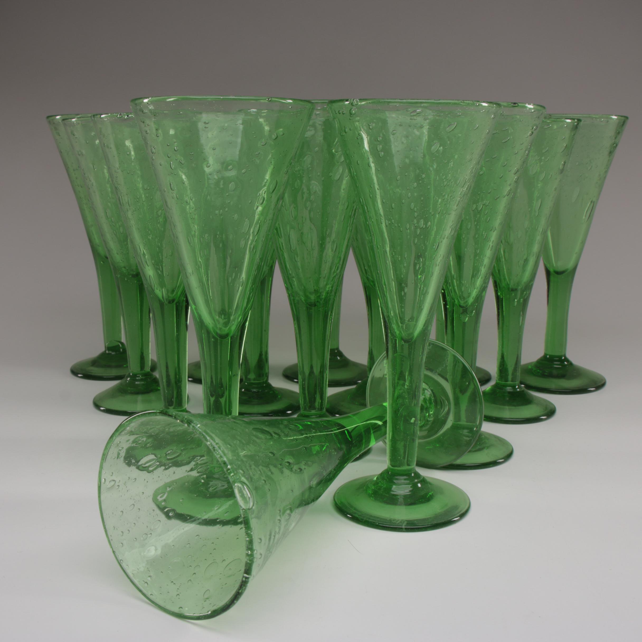 La Verrerie de Biot Green Art Glass Pitcher and Wine Glasses