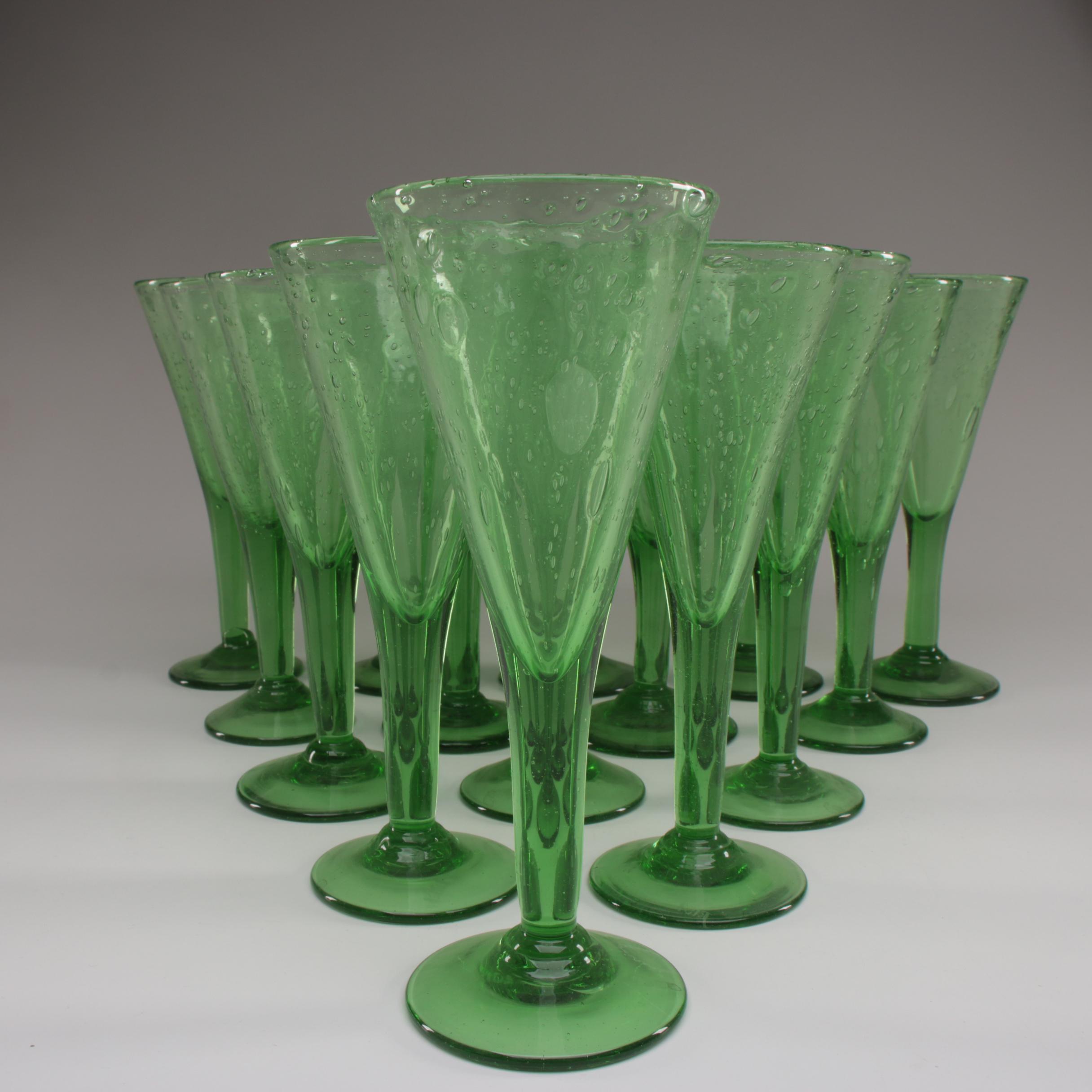 La Verrerie de Biot Green Art Glass Pitcher and Wine Glasses