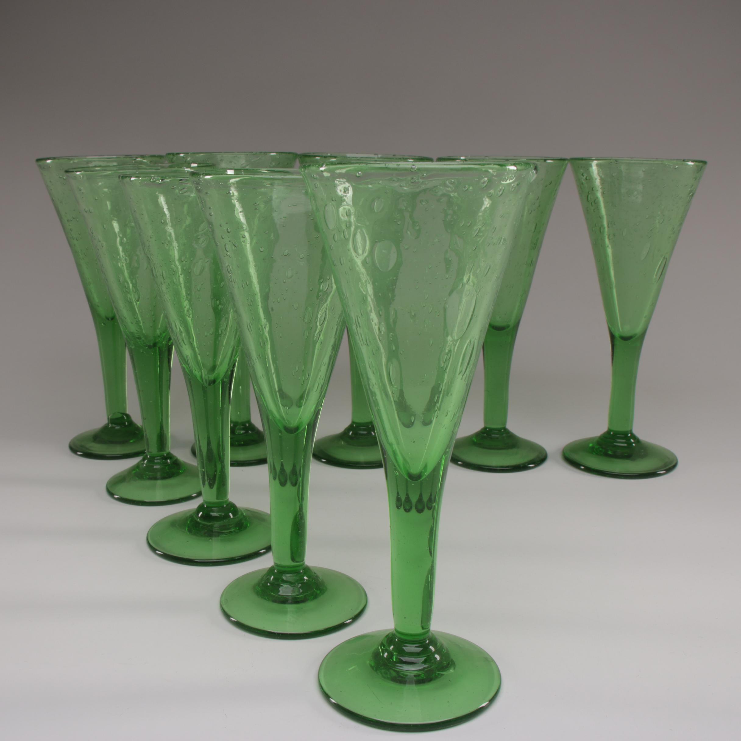 La Verrerie de Biot Green Art Glass Pitcher and Wine Glasses