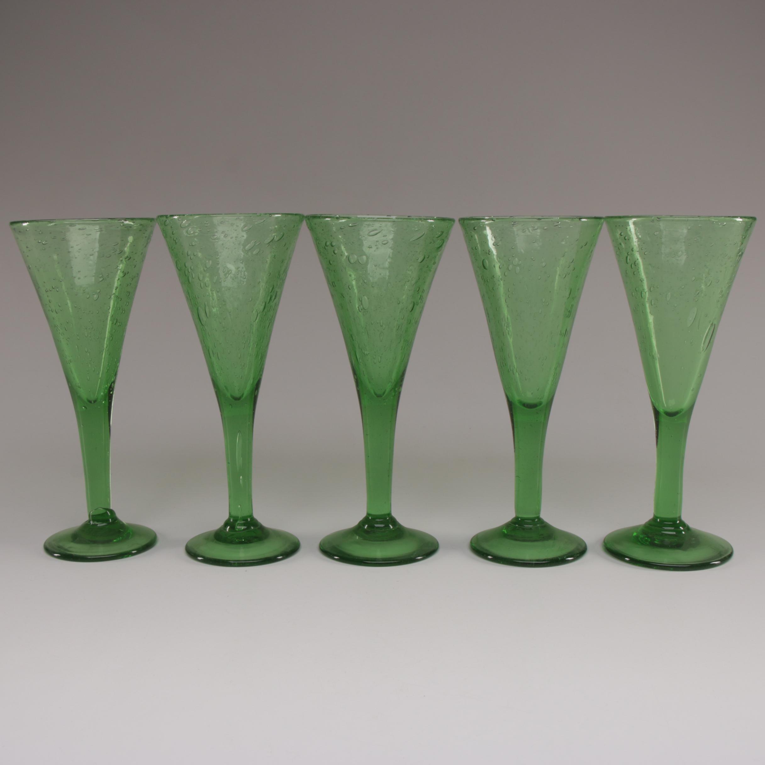 La Verrerie de Biot Green Art Glass Pitcher and Wine Glasses