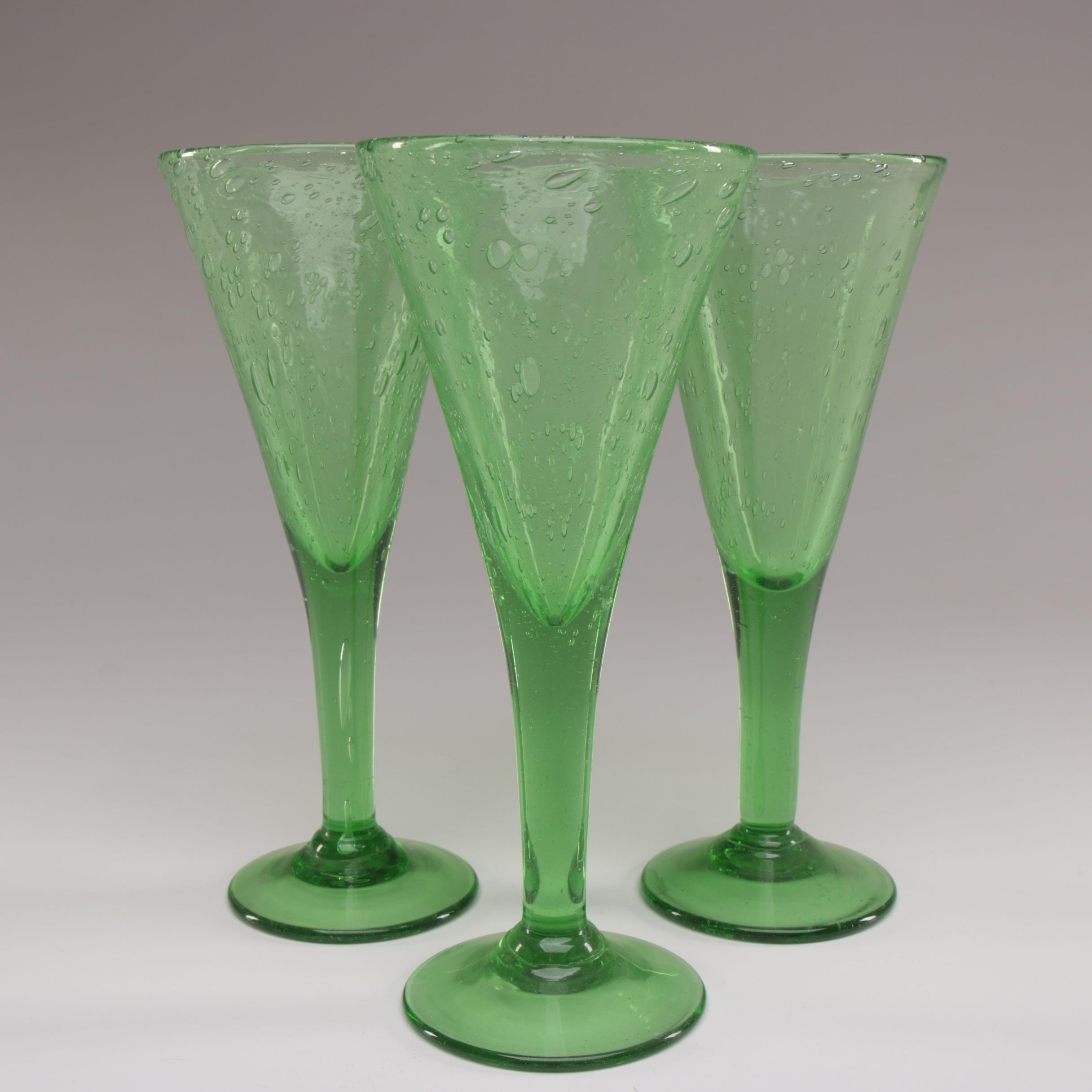 La Verrerie de Biot Green Art Glass Pitcher and Wine Glasses