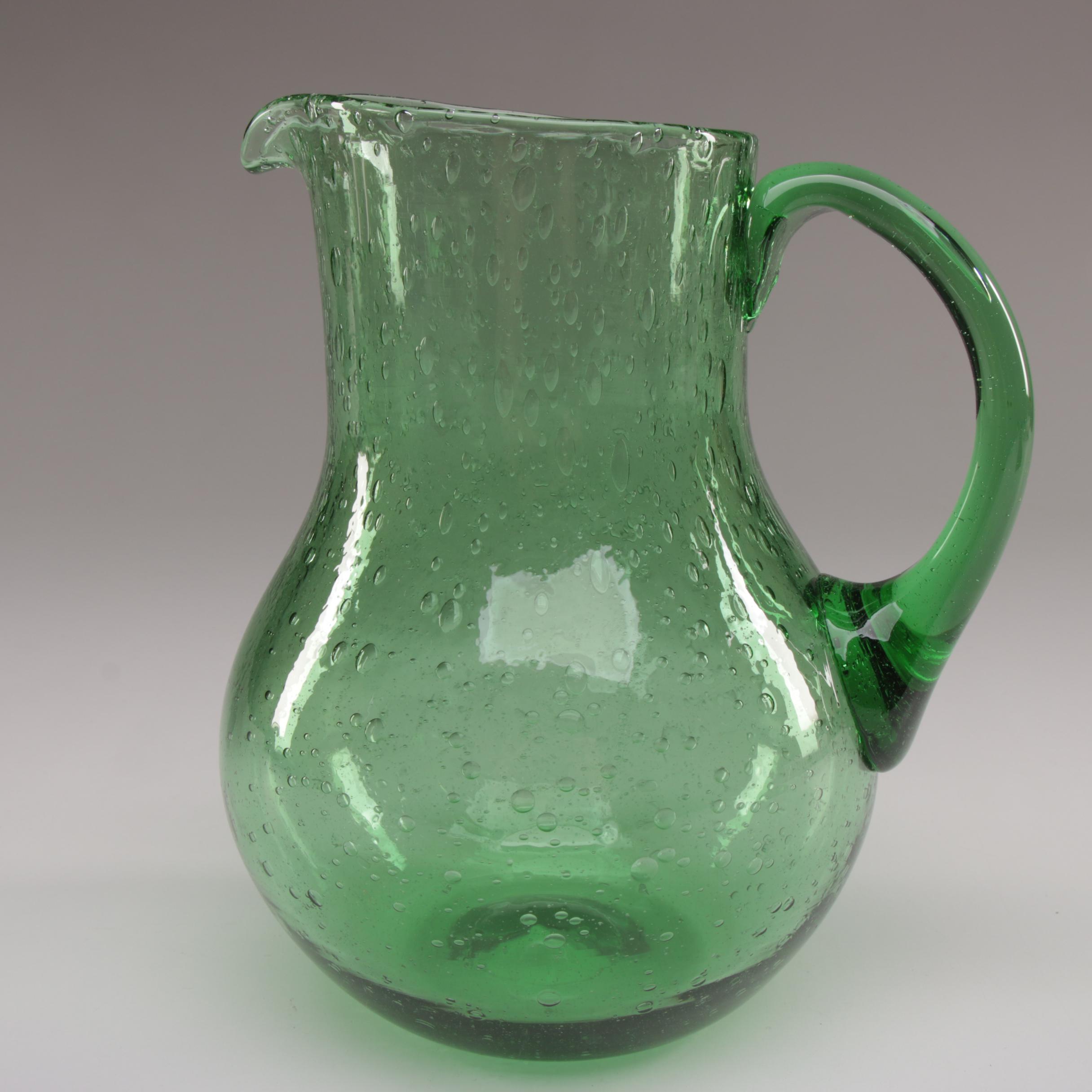 La Verrerie de Biot Green Art Glass Pitcher and Wine Glasses