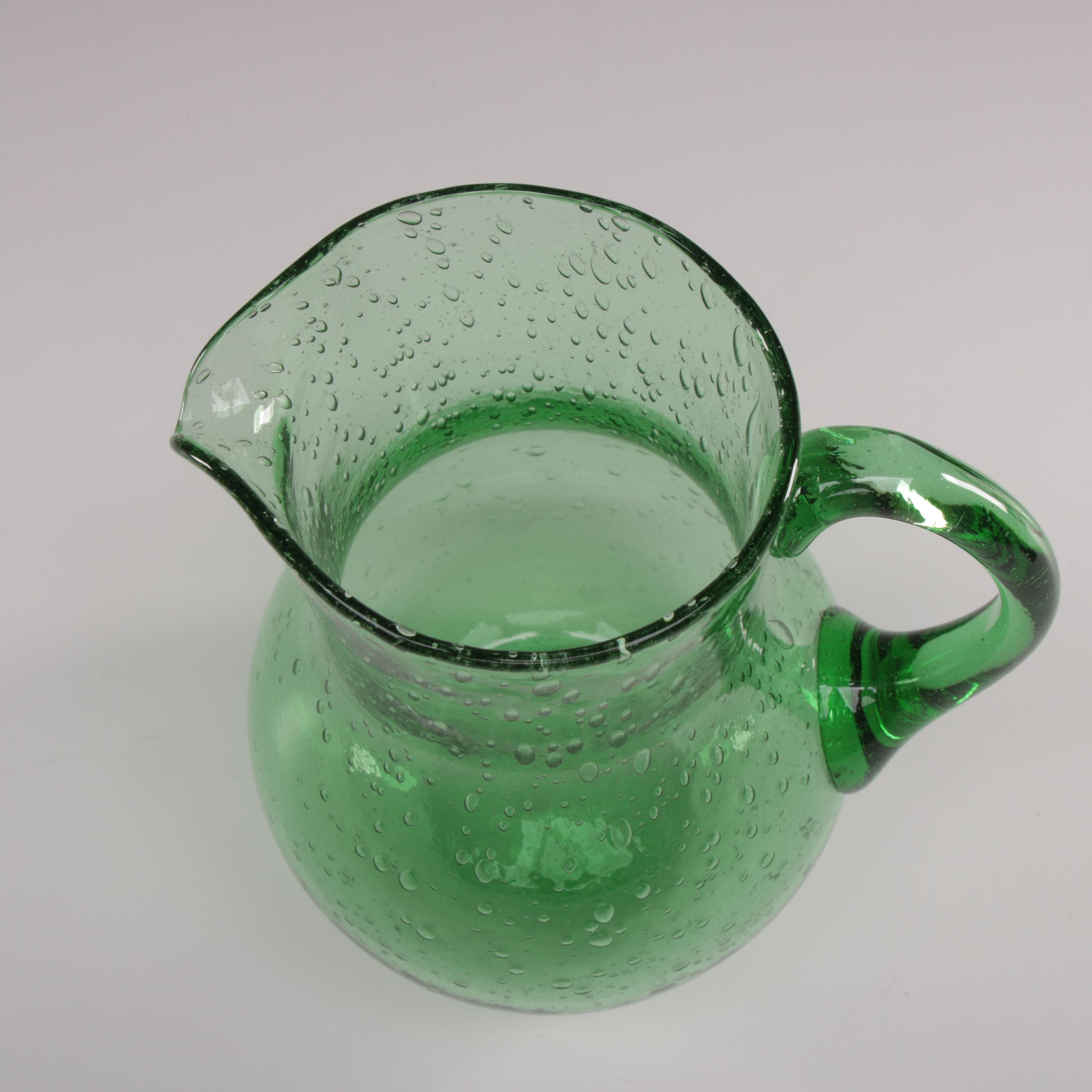 La Verrerie de Biot Green Art Glass Pitcher and Wine Glasses
