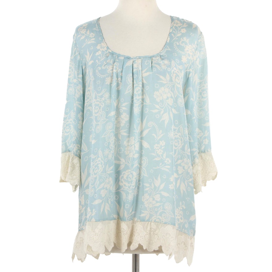 Johnny Was Silk Floral Print Blouse with Lace Trim