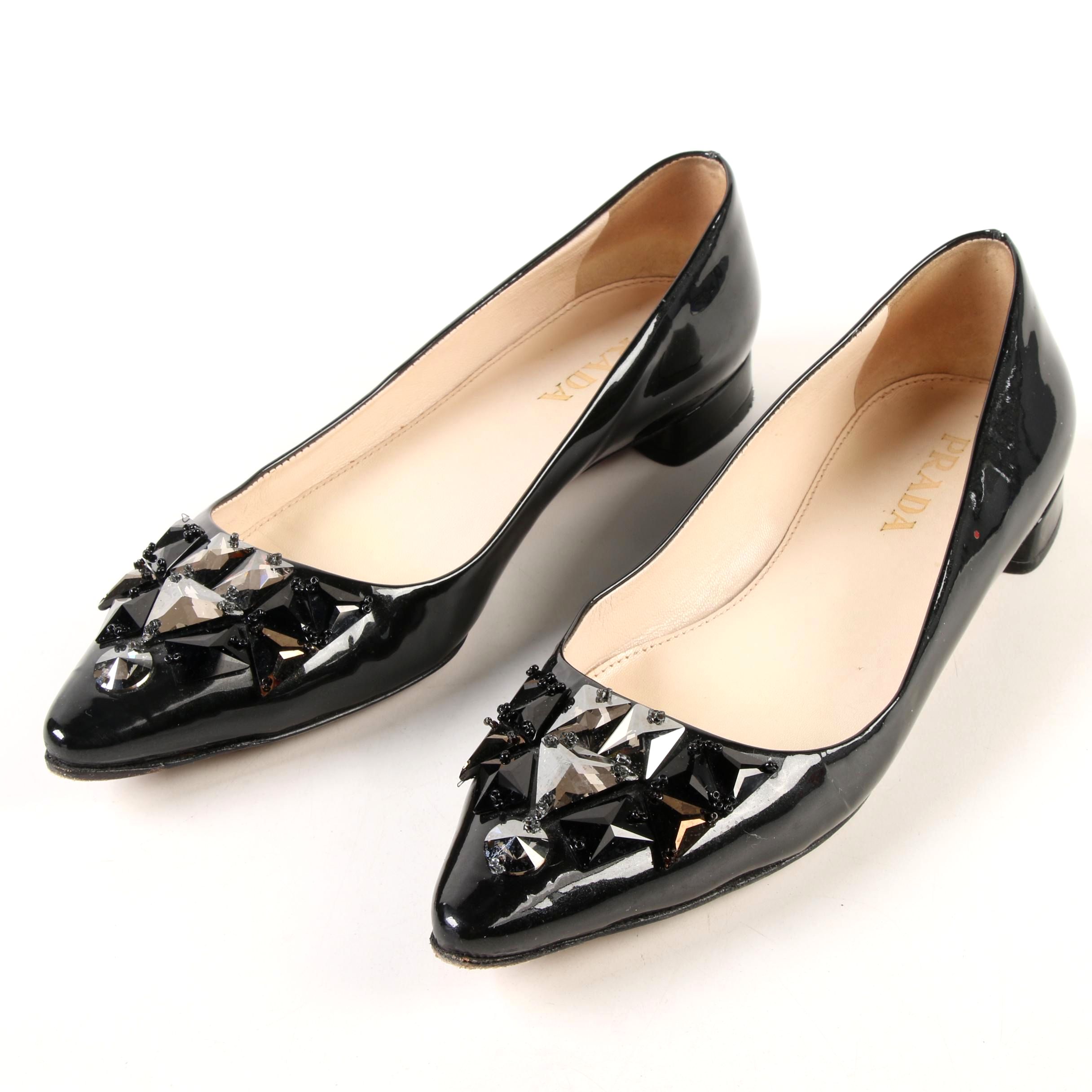 Prada Taffetas Vogue Embellished Pointy Toe Flats in Black Patent Leather