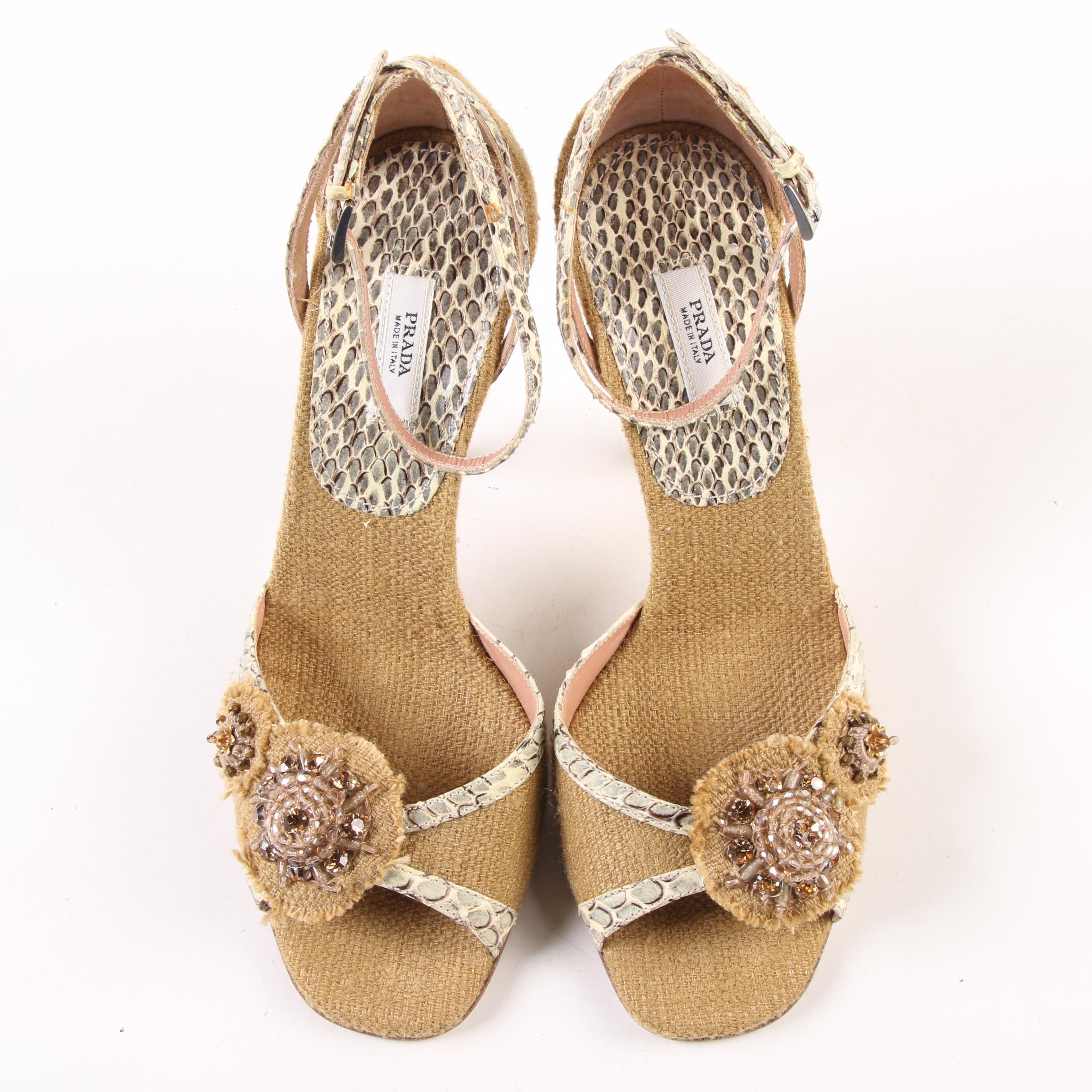 Prada Natte Riacamo Ankle Strap High Heels with Rocca Medallions and Snakeskin