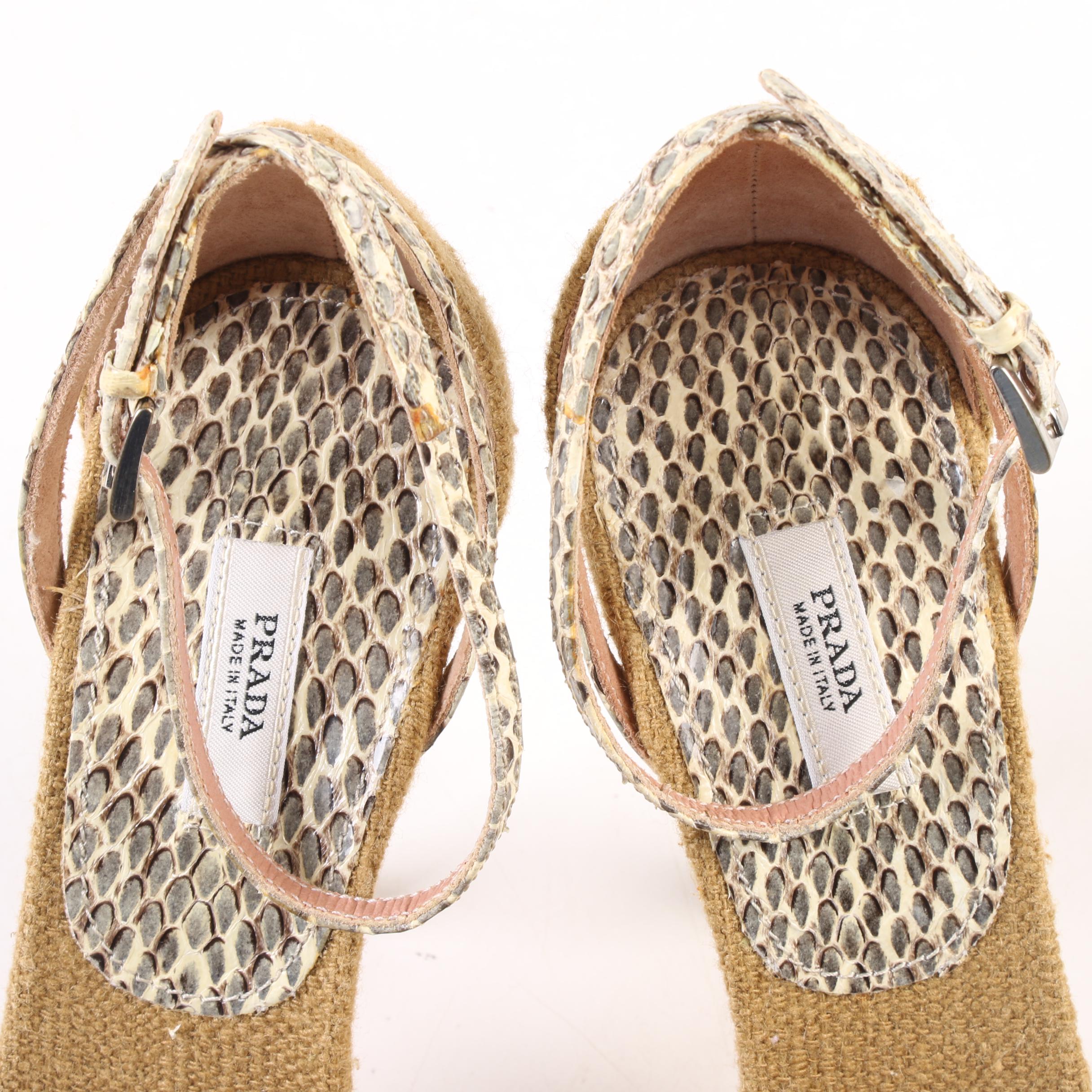 Prada Natte Riacamo Ankle Strap High Heels with Rocca Medallions and Snakeskin