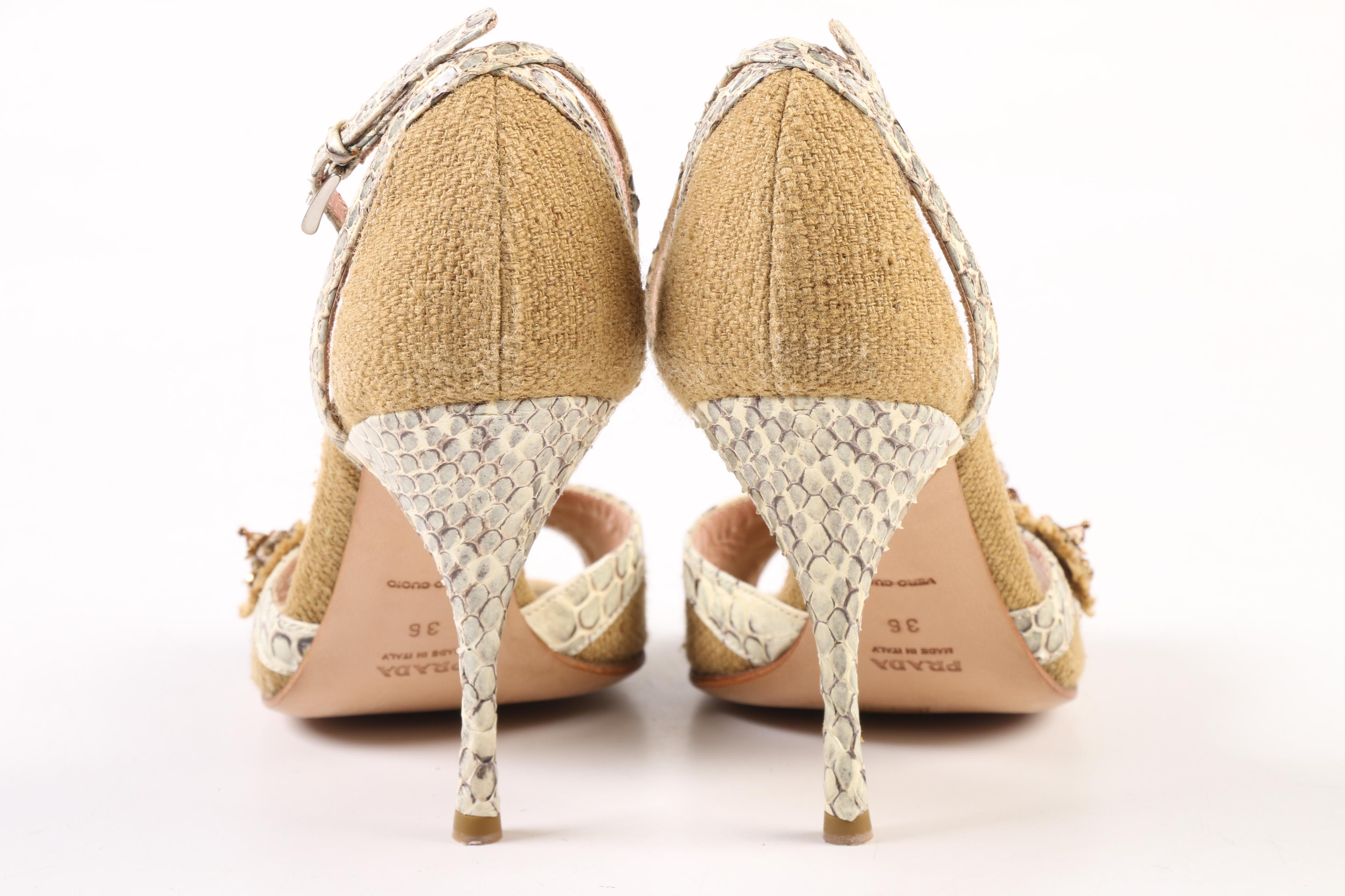 Prada Natte Riacamo Ankle Strap High Heels with Rocca Medallions and Snakeskin