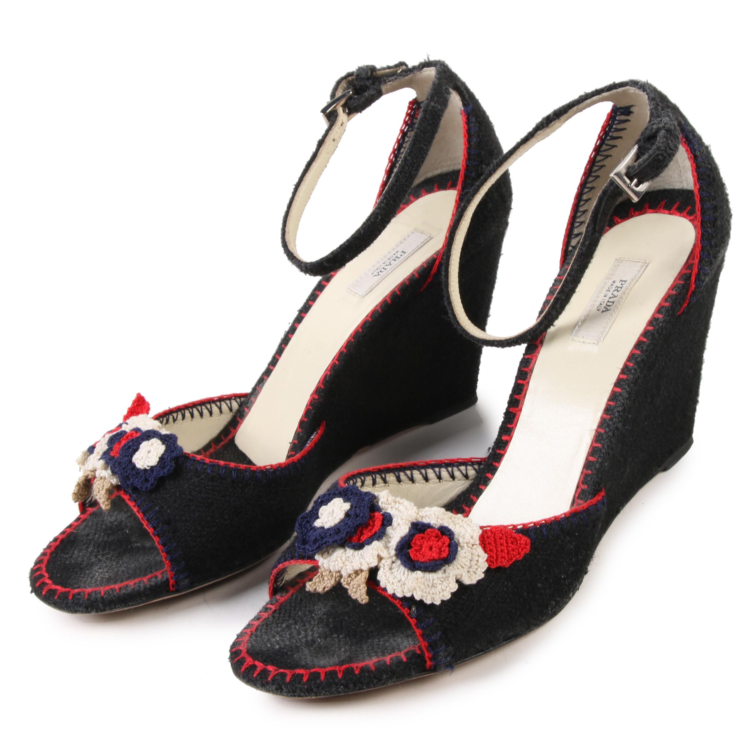 Prada Natte Tricot Wedge Sandals with Crochet Floral Appliqués