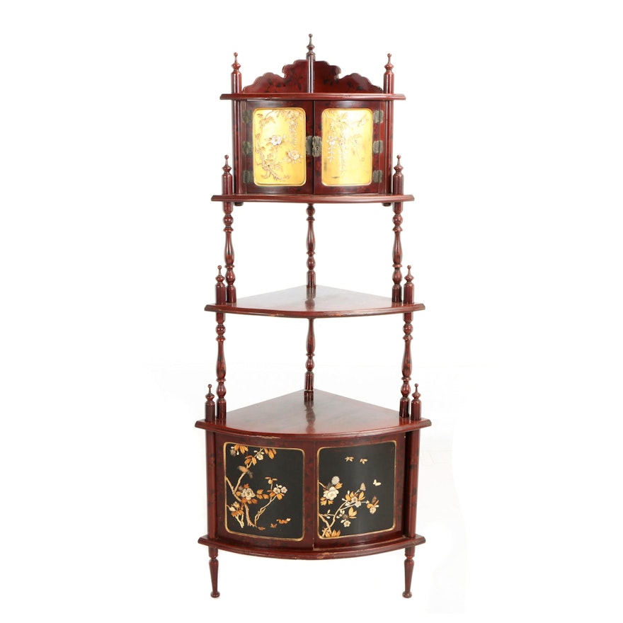 Japanese Red, Black, & Gilt-Lacquer Shibayama Corner Étagère, Early 20th Century