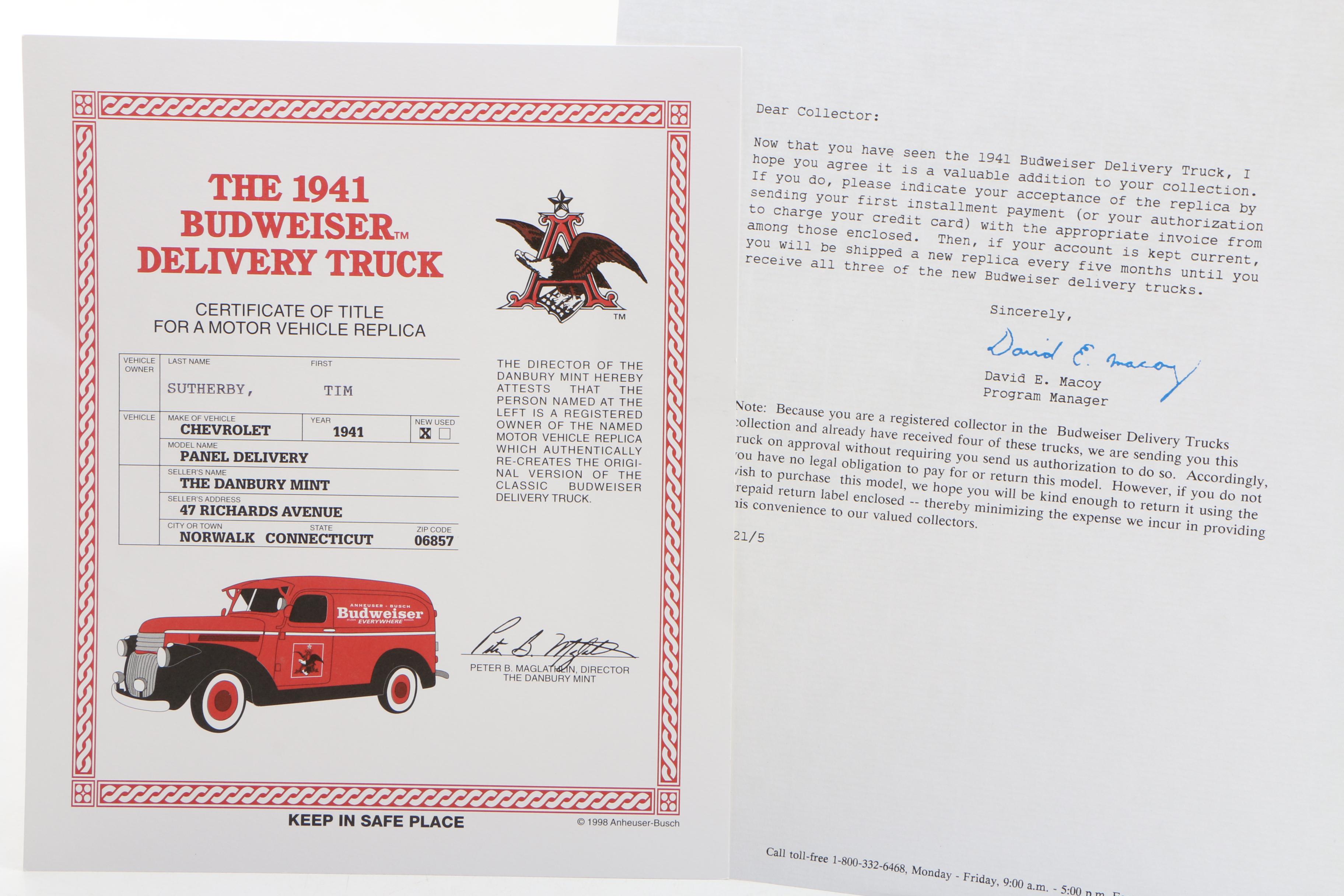 Danbury Mint Die-Cast 1941 Budweiser Delivery Truck with Display Case, 1999