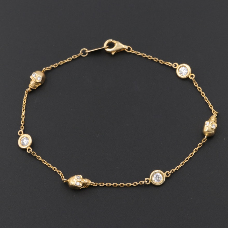 Gold Wash on Sterling Silver Cubic Zirconia Bracelet with Skull Motif