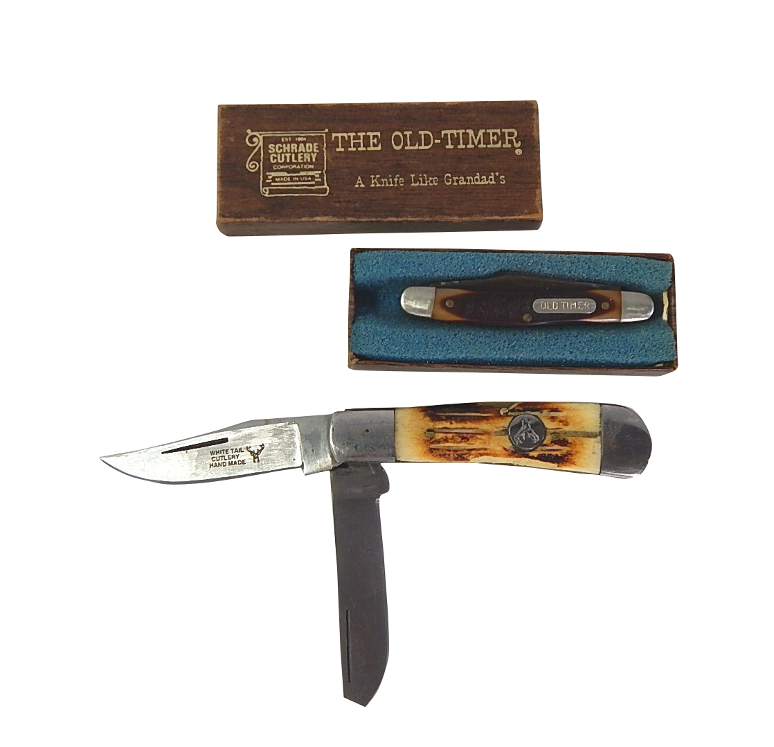 "Old Timer" Schrade 1080T Folding Knife and White Tail Cutlery Hand Made Knife