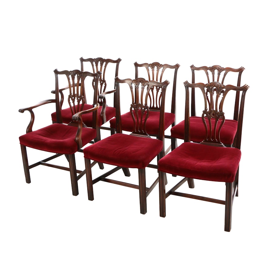 Six George III Style Carved Mahogany Dining Chairs, 20th Century