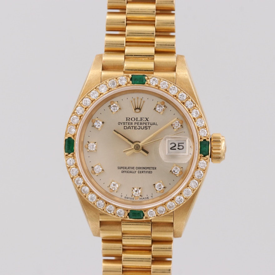 Rolex Datejust 18K Yellow Gold, Diamond and Emerald Automatic Wristwatch, 1986