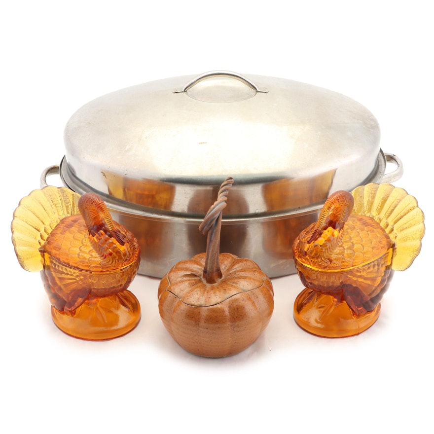 L.E. Smith Amber Glass Turkeys, Ceramic Lidded Pumpkin and Roasting Pan