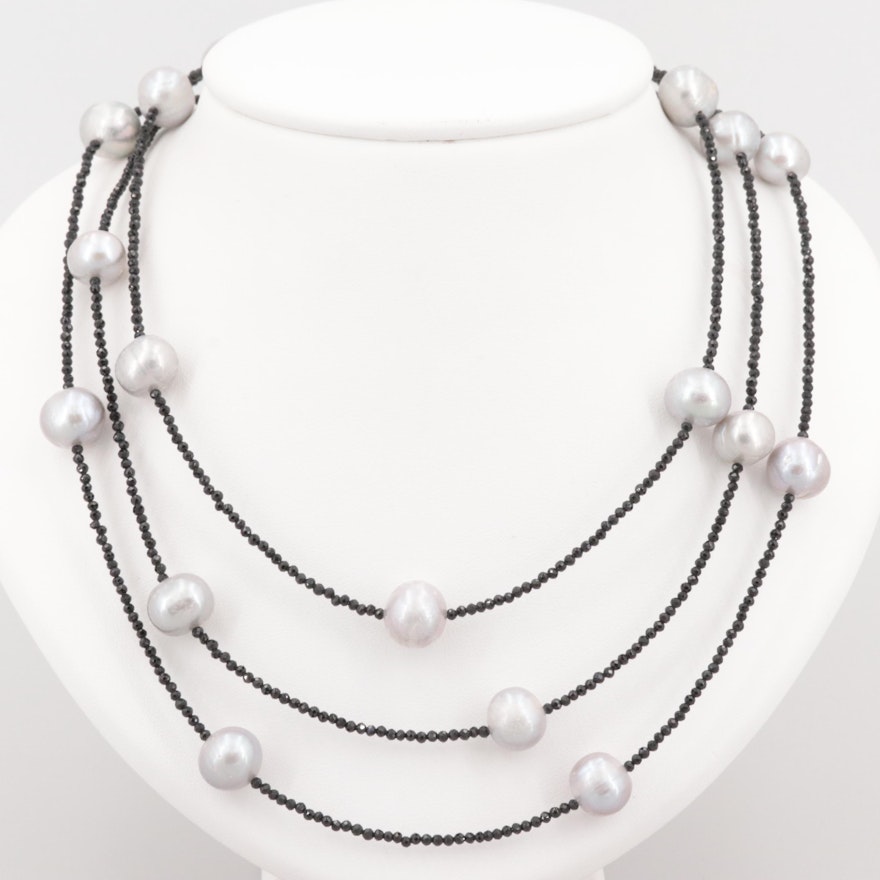 Sterling Cultured Pearl and Synthetic Spinel Triple Strand Necklace