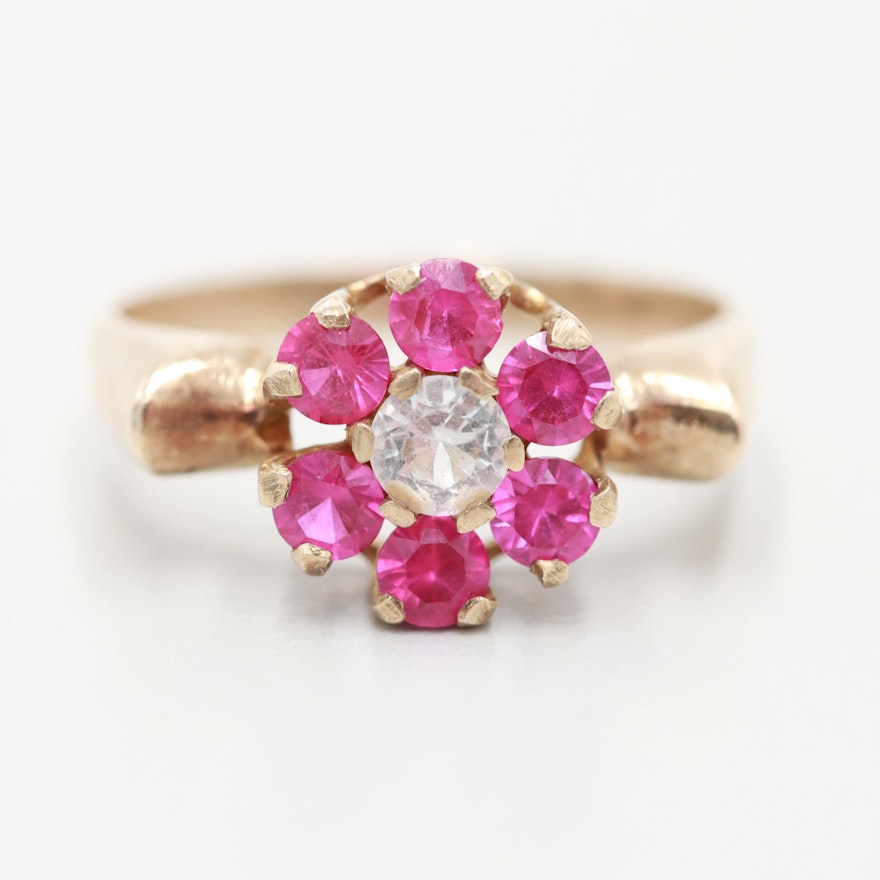 14K Yellow Gold White Synthetic Spinel and Synthetic Ruby Floral Ring