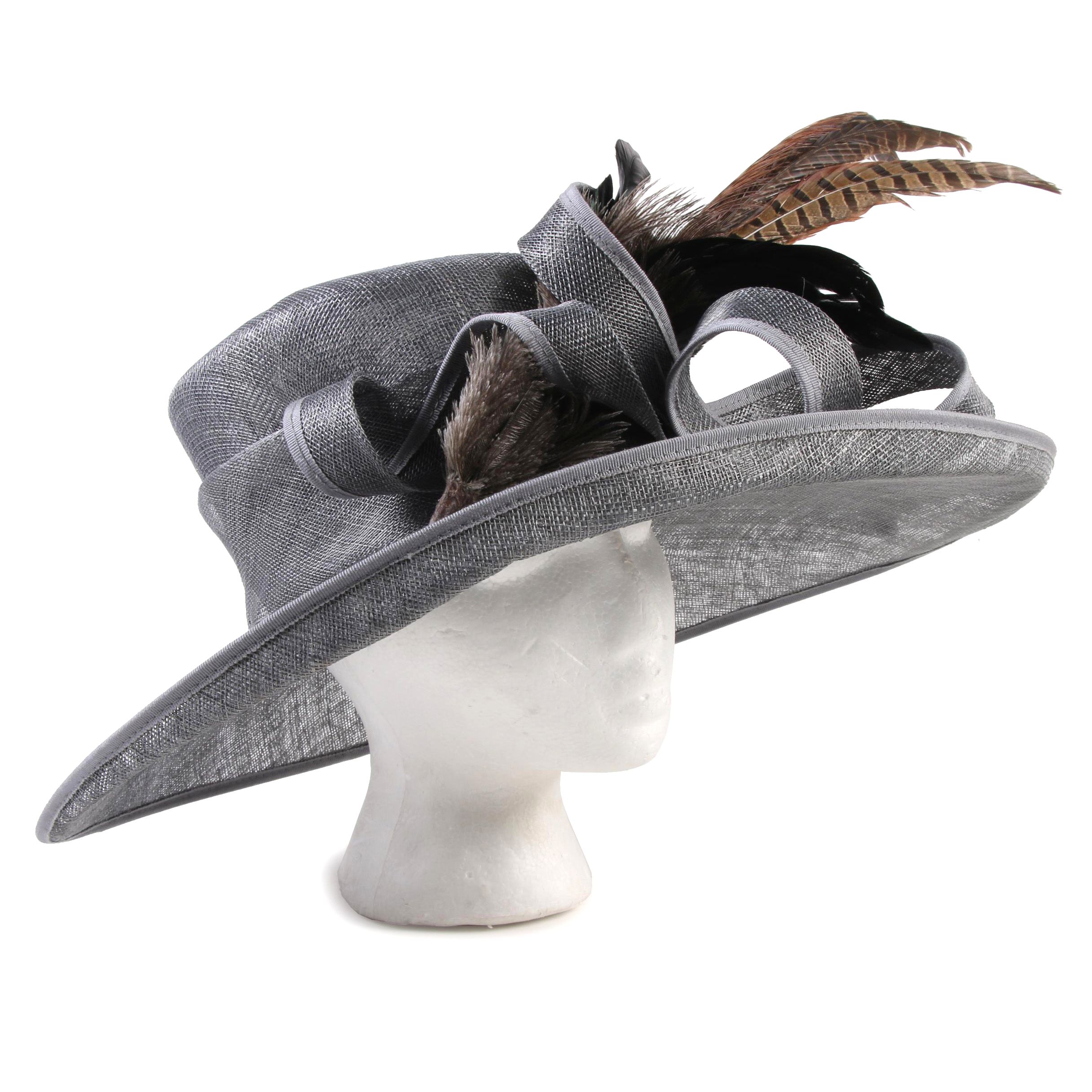 Anne Sawyer Fabulous Hats Gray Wide Brim Hat with Mixed Feather Plume with Box