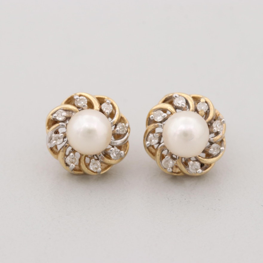 14K Yellow Gold Cultured Pearl and Diamond Stud Earrings