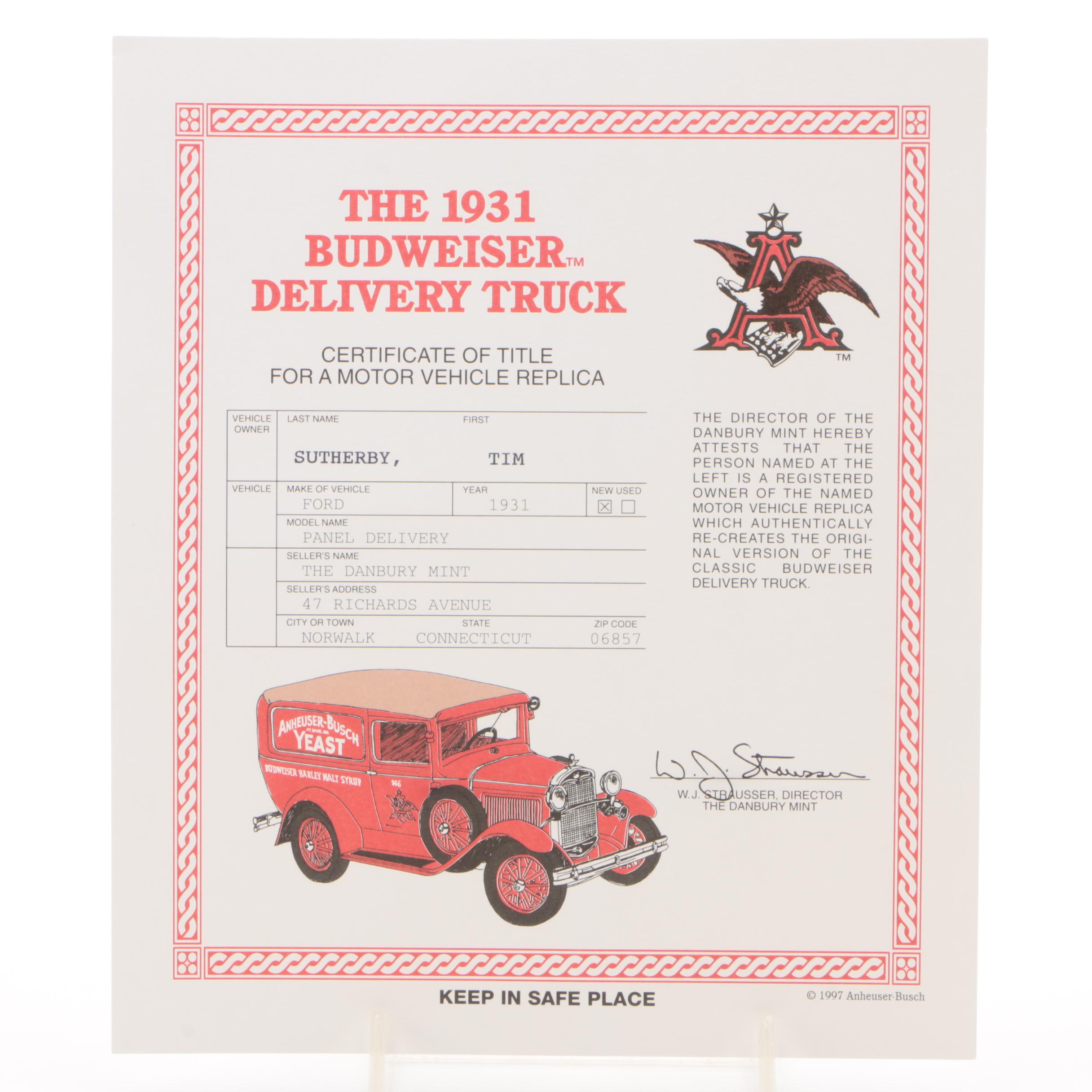 Danbury Mint Die-Cast 1931 Budweiser Delivery Truck with Display Case