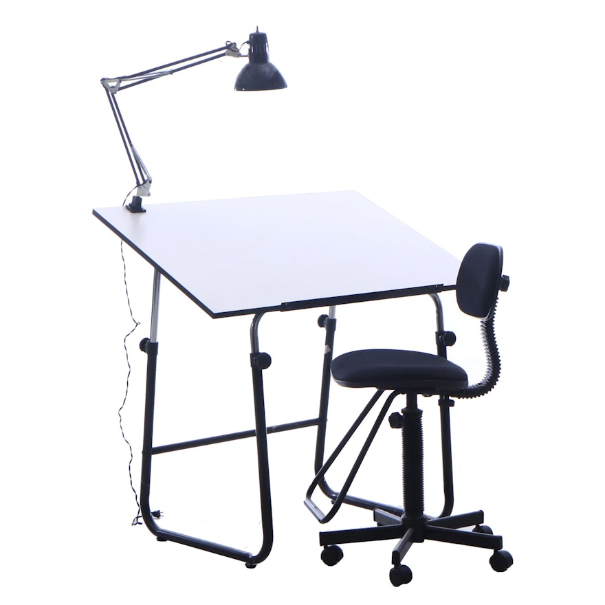 Studio Art Tilt Top Drafting Table, Desk Chair and Table Mount Directional Lamp